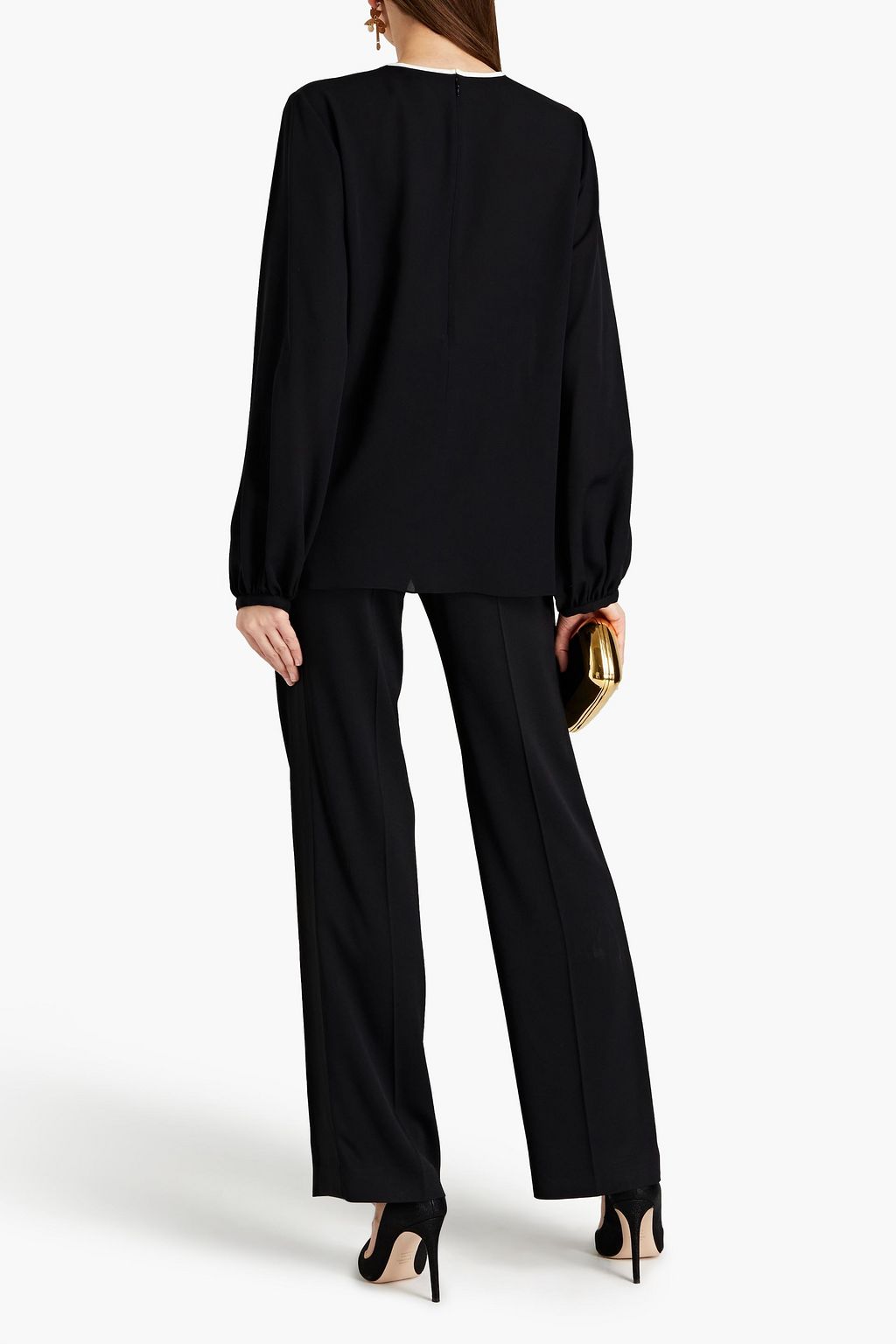 ANDREW GN Pintucked two-tone silk crepe de chine top