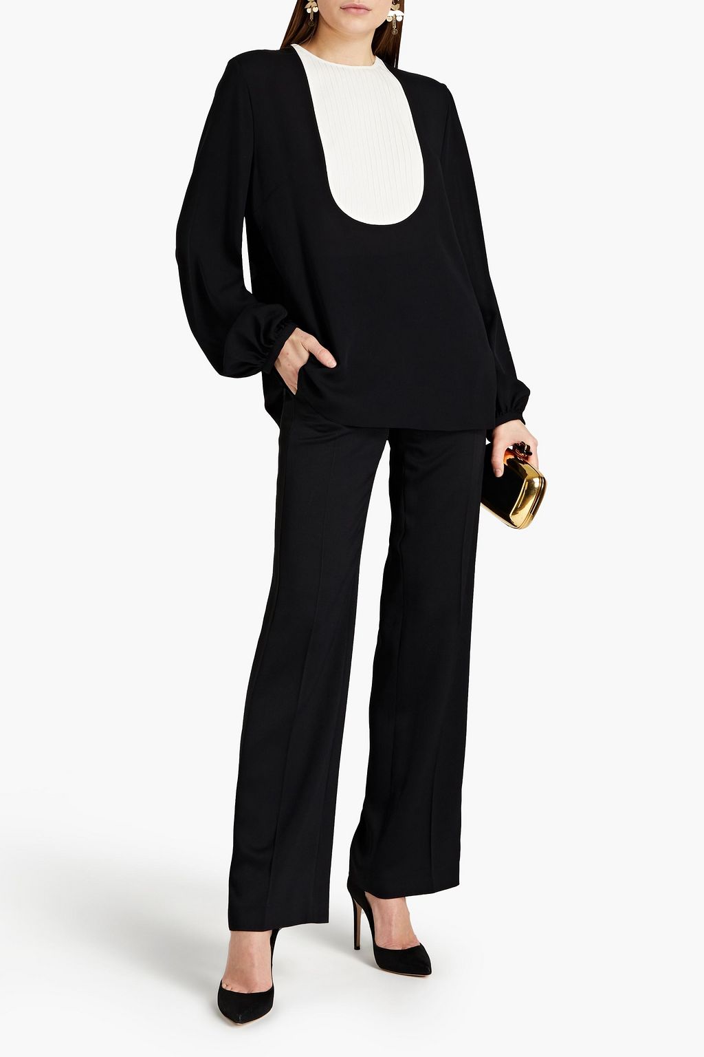 ANDREW GN Pintucked two-tone silk crepe de chine top