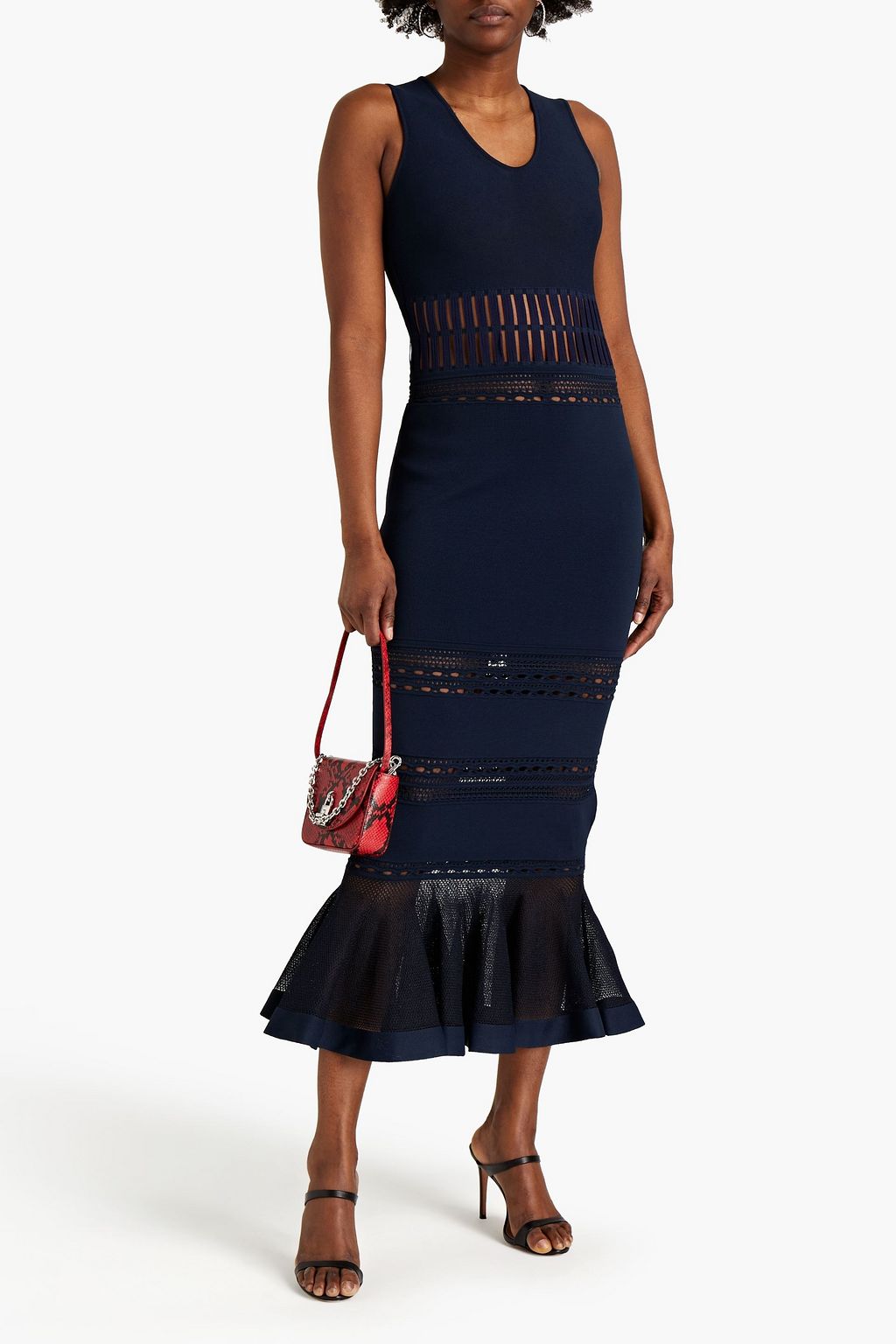 Navy Pointelle-trimmed stretch-knit 