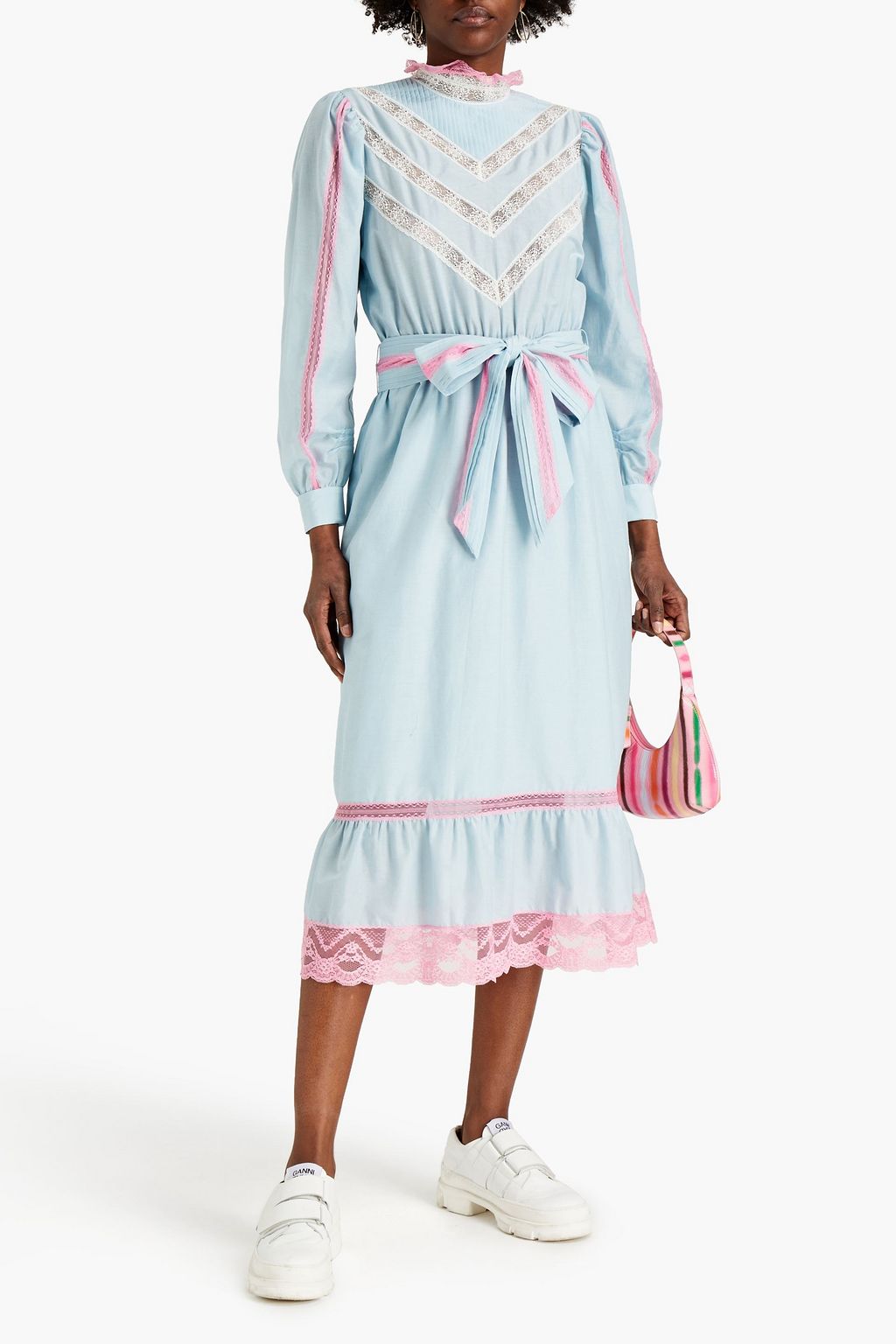 MARC JACOBS Belted lace-trimmed cotton and silk-blend midi dress