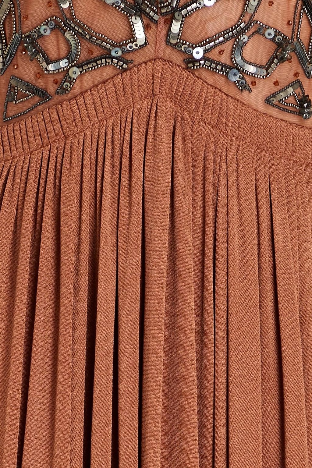 ROBERTO CAVALLI Embellished tulle-paneled pleated knitted maxi dress