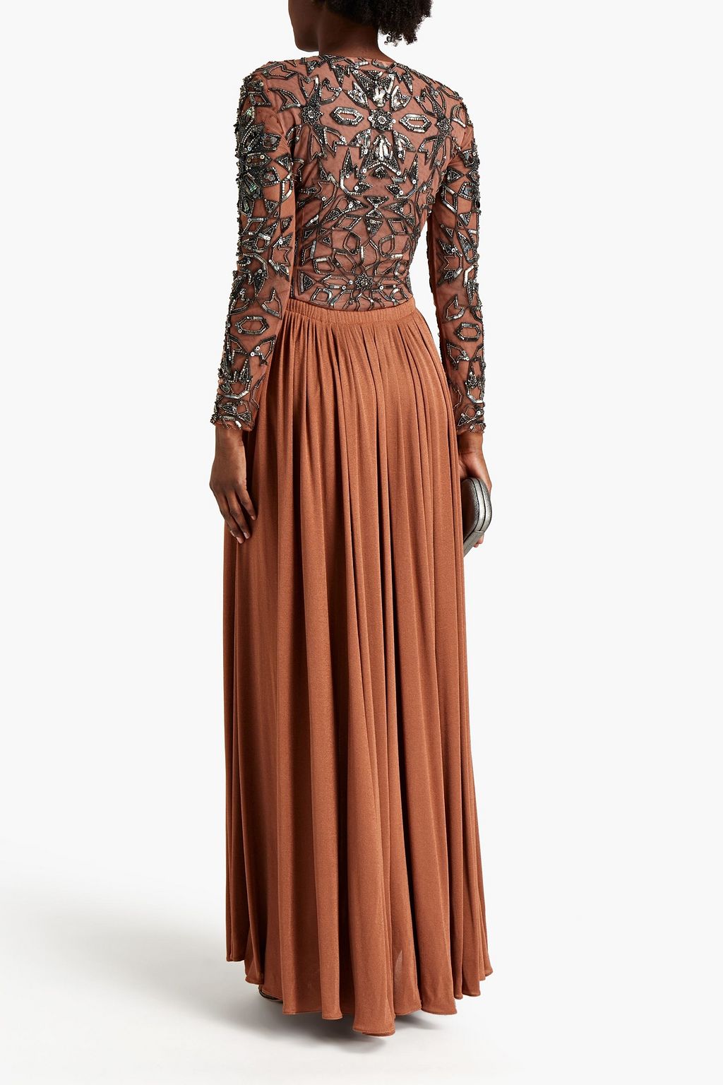 ROBERTO CAVALLI Embellished tulle-paneled pleated knitted maxi dress
