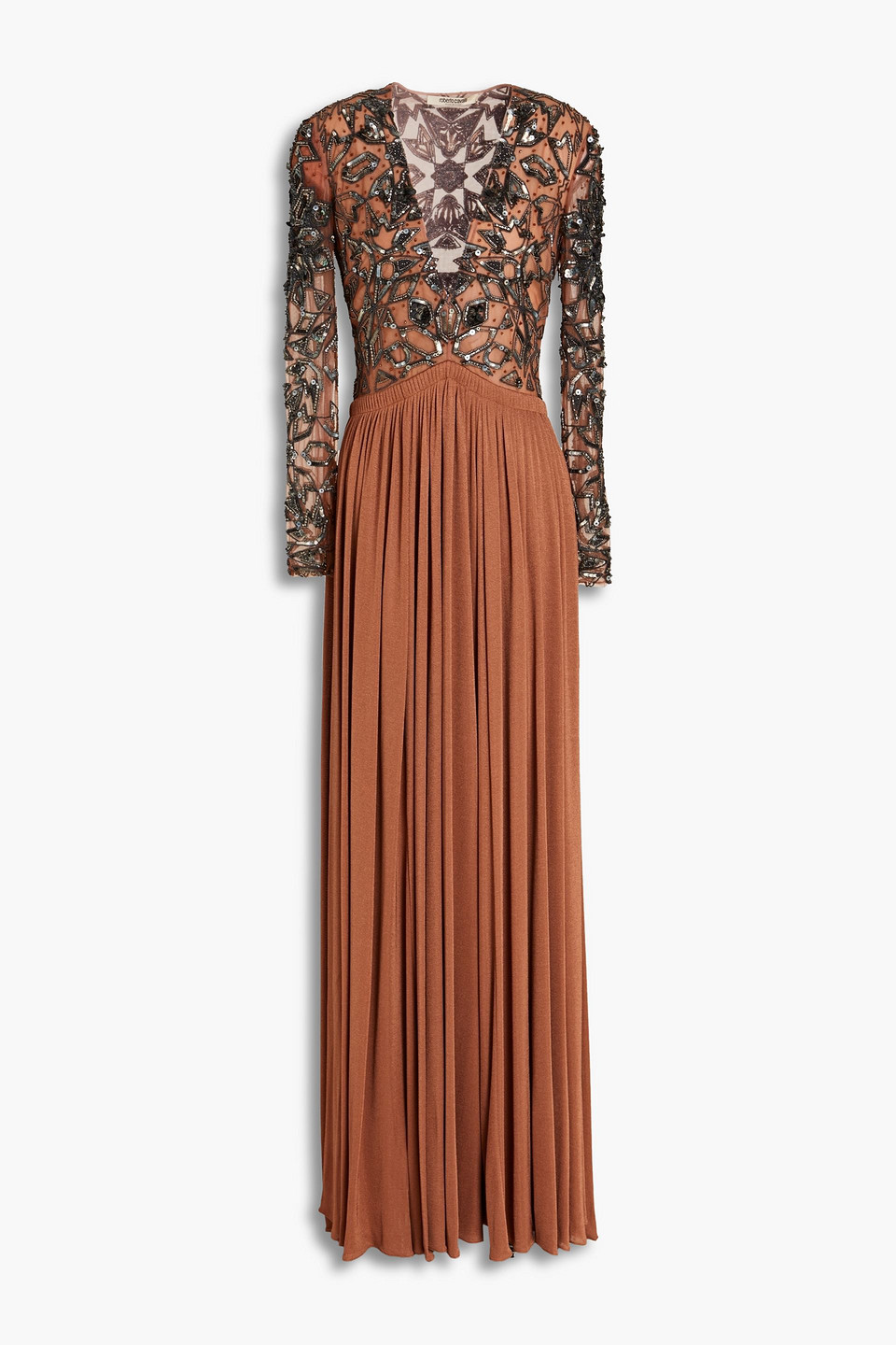 roberto cavalli - embellished tulle-paneled pleated knitted maxi dress - brown - it 38