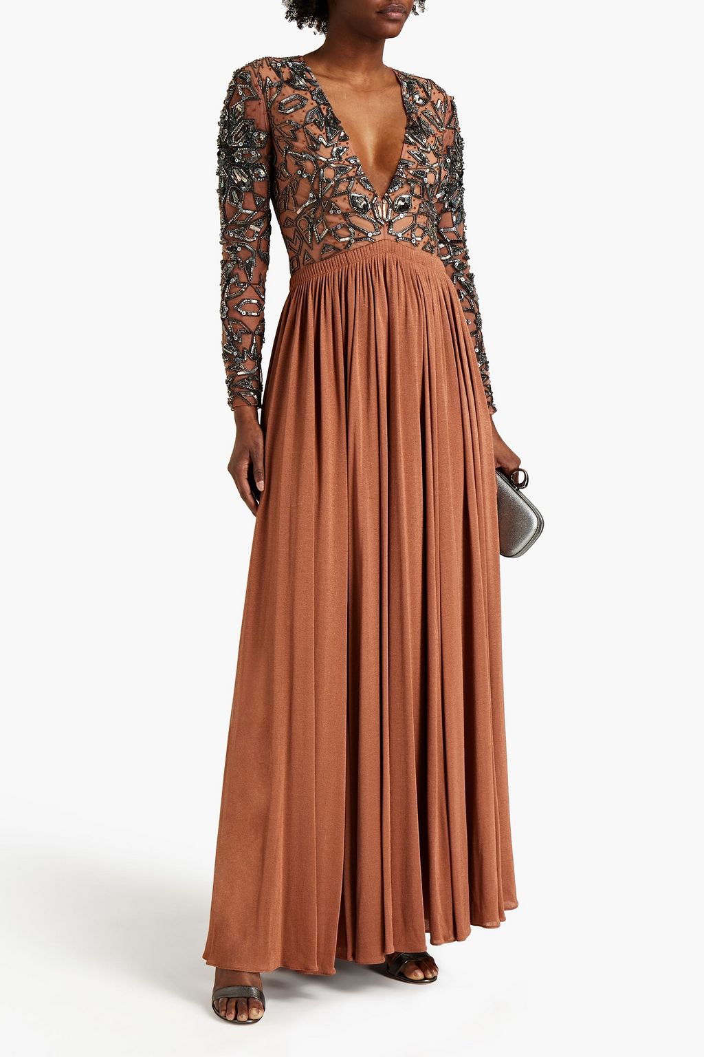 ROBERTO CAVALLI Embellished tulle-paneled pleated knitted maxi dress