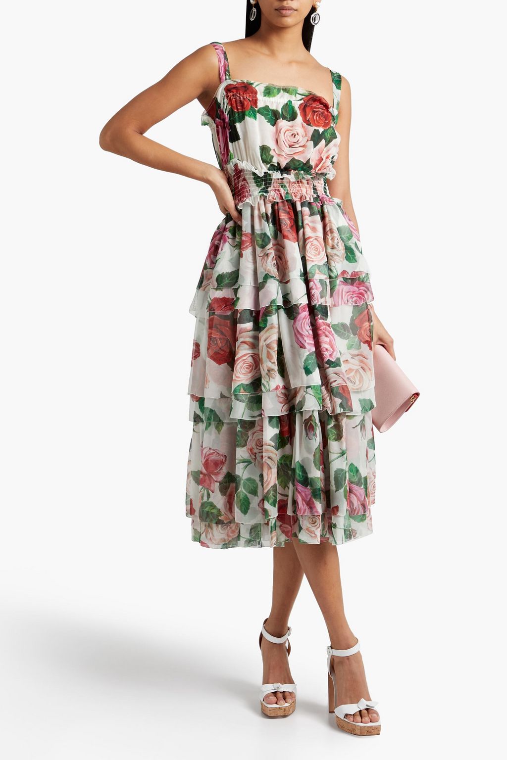 DOLCE&GABBANA Shirred floral-print silk-chiffon midi dress