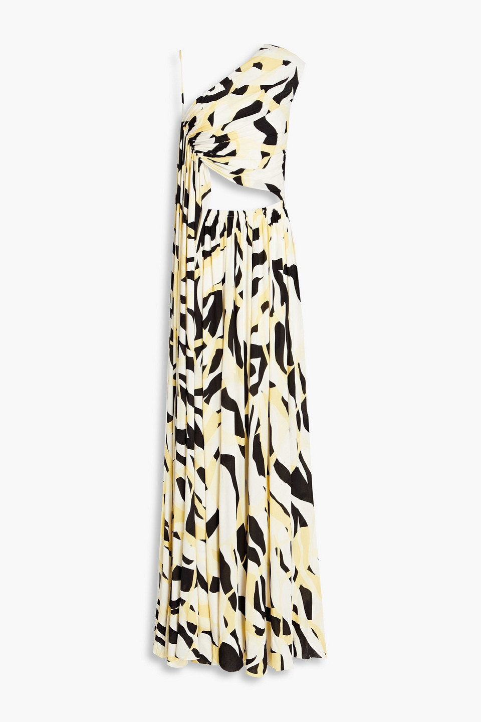 Asymmetric draped printed crepe maxi dress