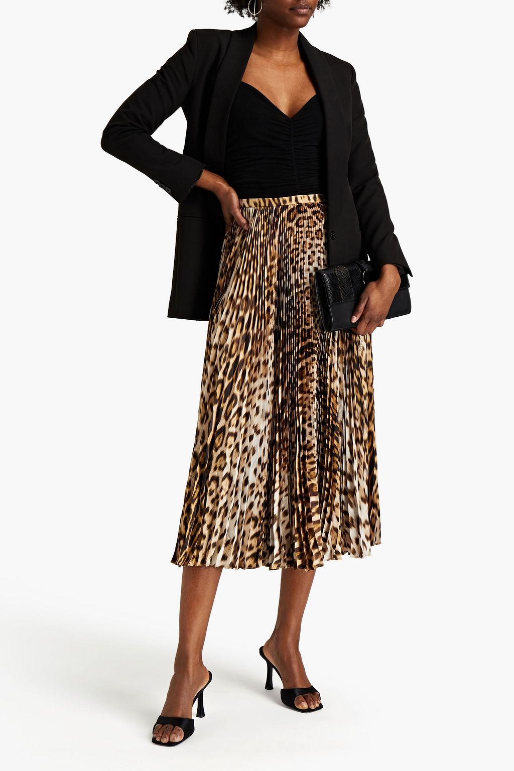 ROBERTO CAVALLI Pleated leopard-print satin-twill midi skirt