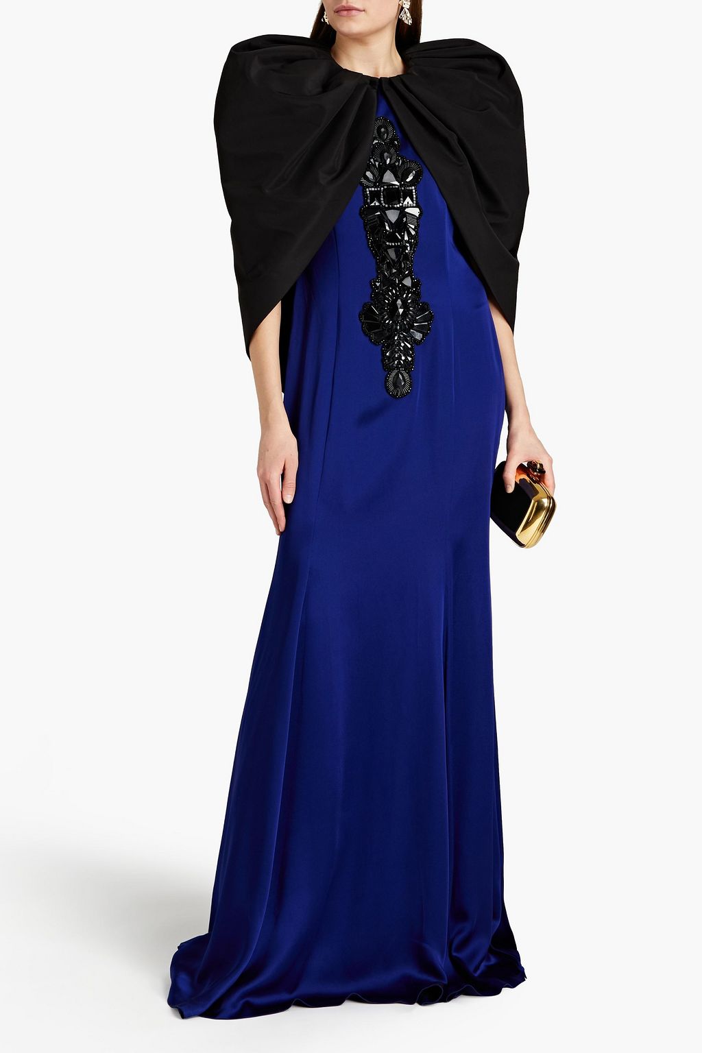 ANDREW GN Cape-effect faille-paneled embellished satin gown