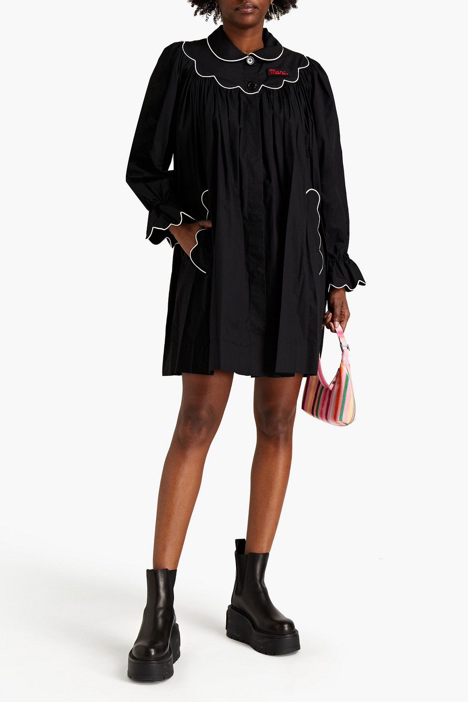 Marc Jacobs Scalloped Appliquéd Cotton Mini Shirt Dress In Black