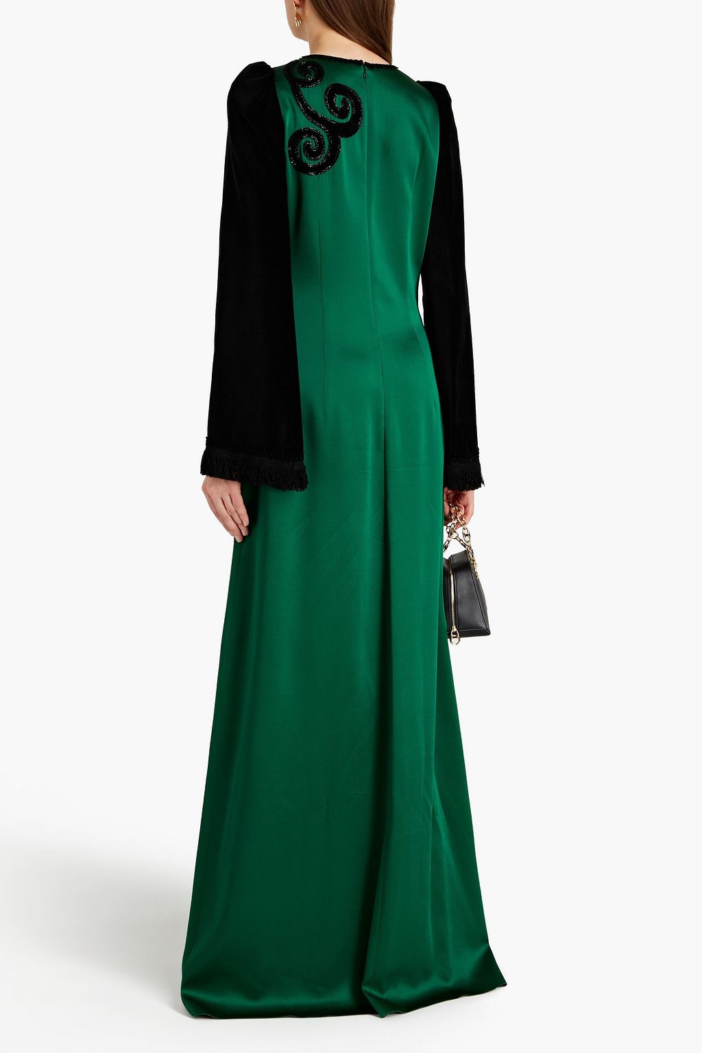 ANDREW GN Velvet-paneled embellished satin gown