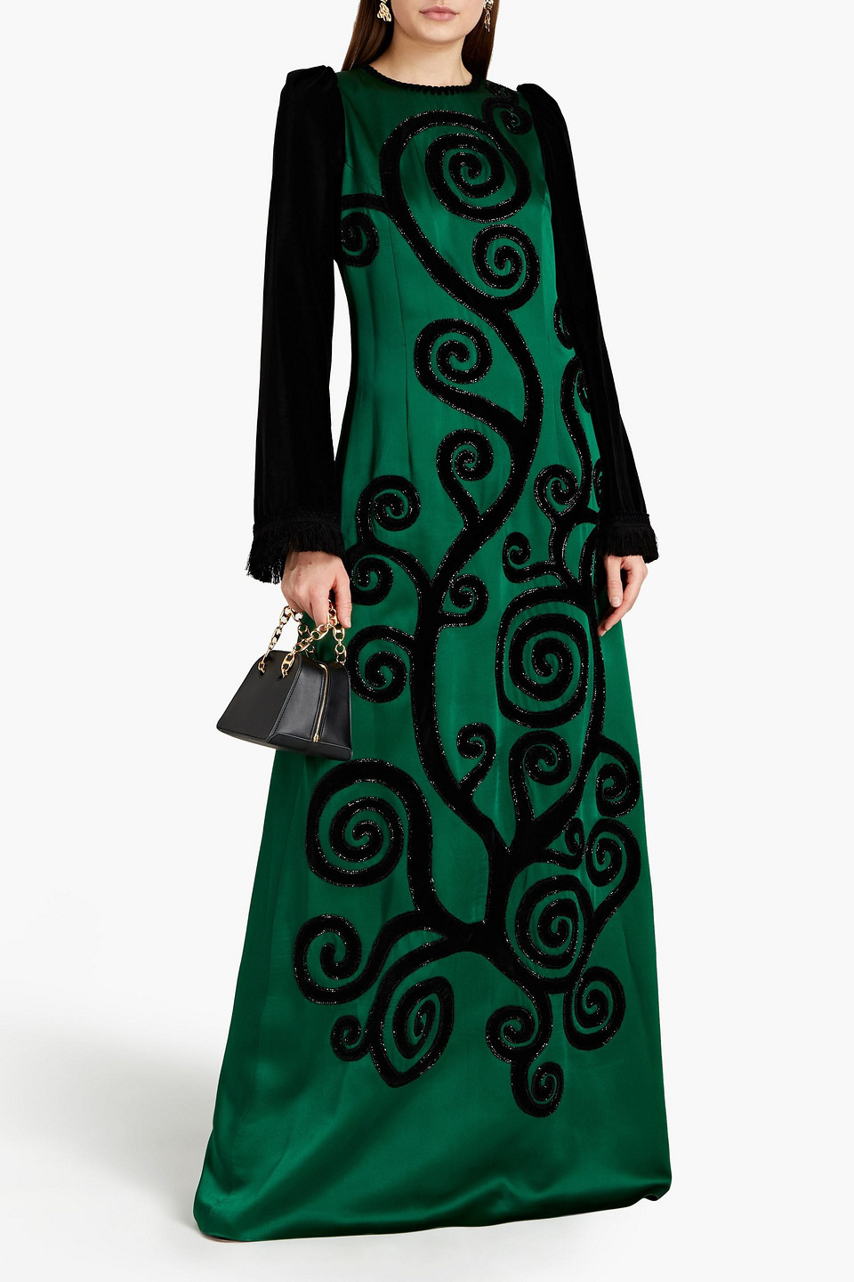 Andrew Gn Velvet-paneled Embellished Satin Gown In Green