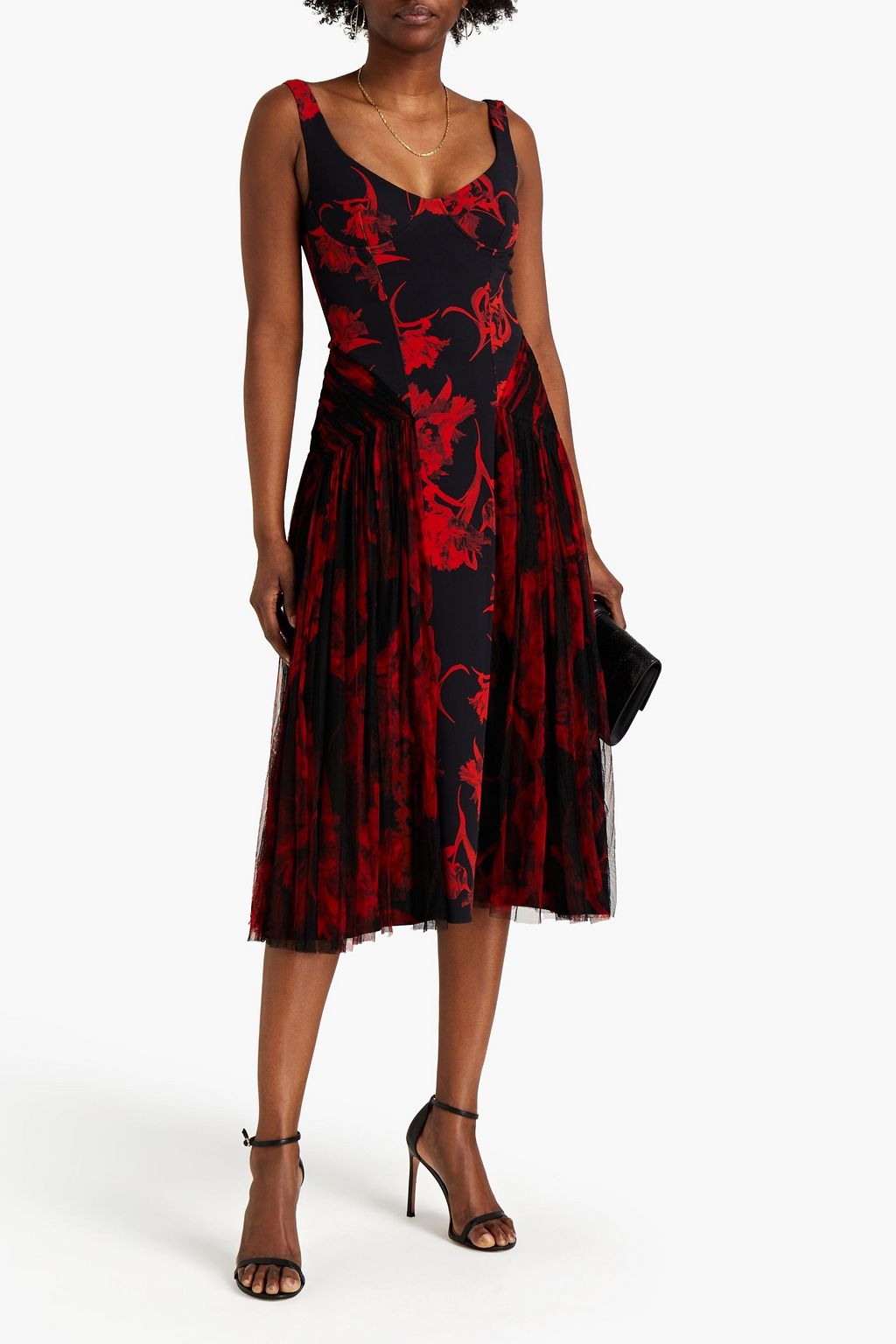 ROBERTO CAVALLI Layered floral-print tulle and crepe midi dress