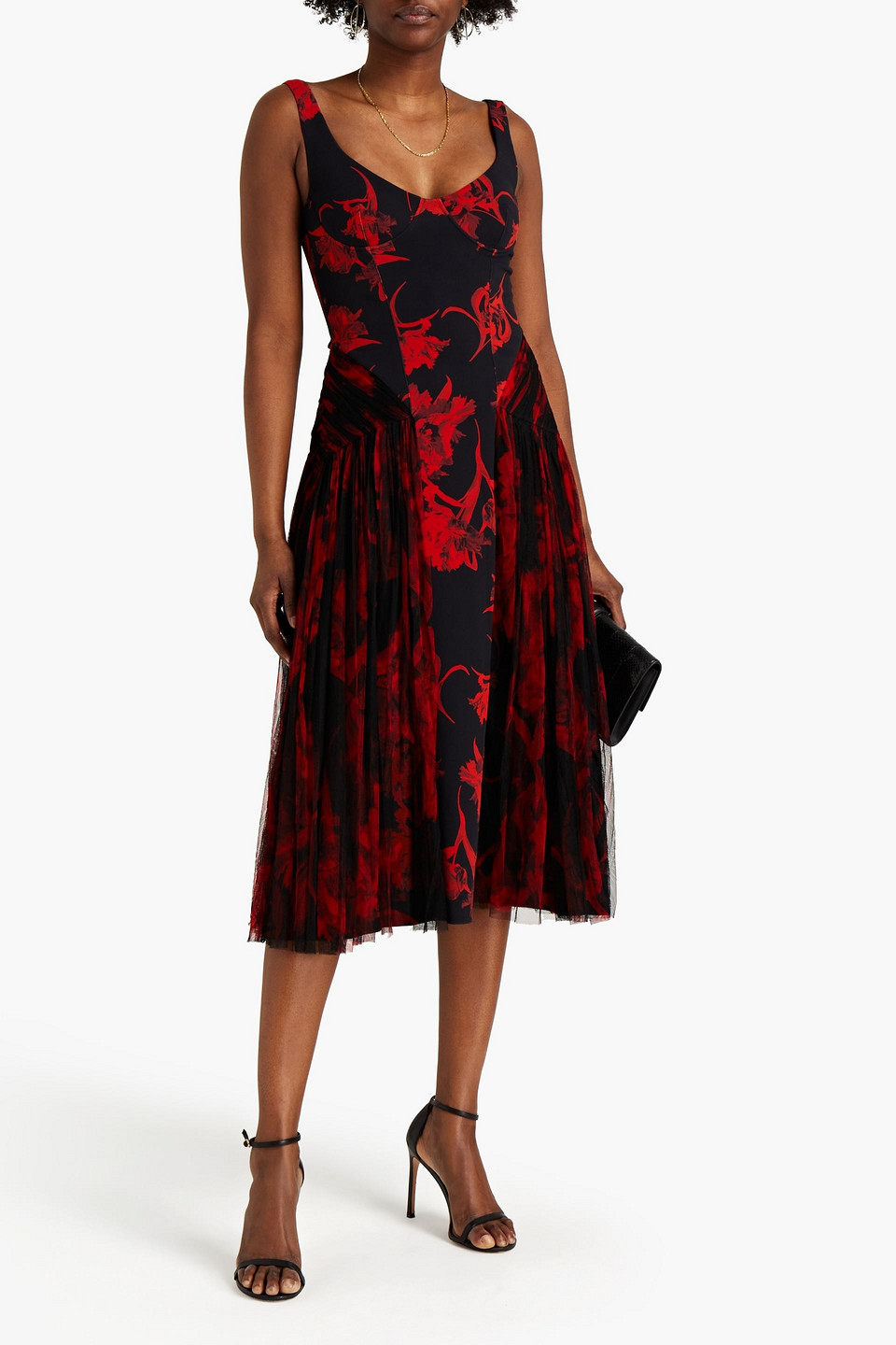 Roberto Cavalli Layered Floral-print Tulle And Crepe Midi Dress In Black