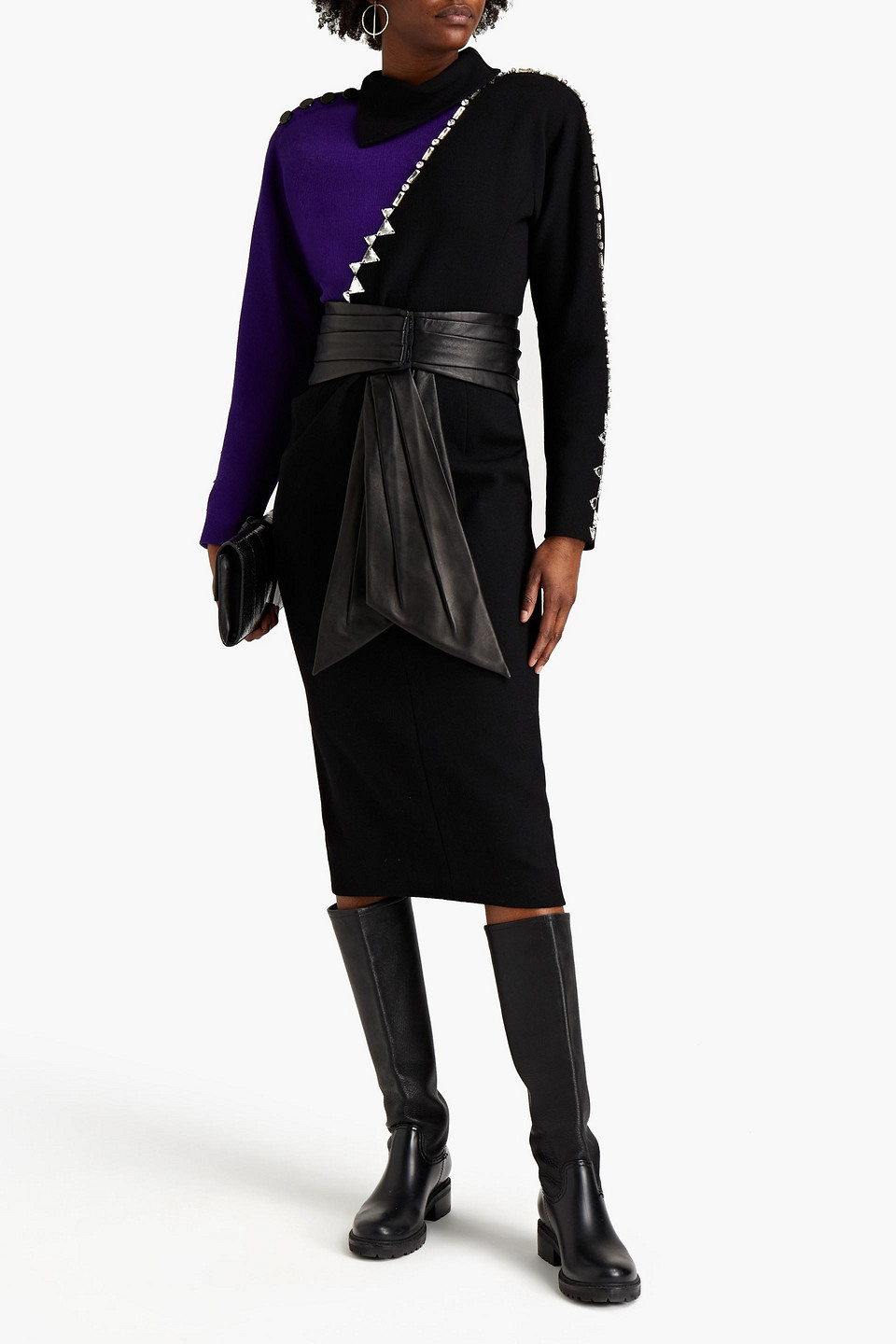 Marc Jacobs Embellished Colour-block Wool-blend Crepe Midi Dress In Black