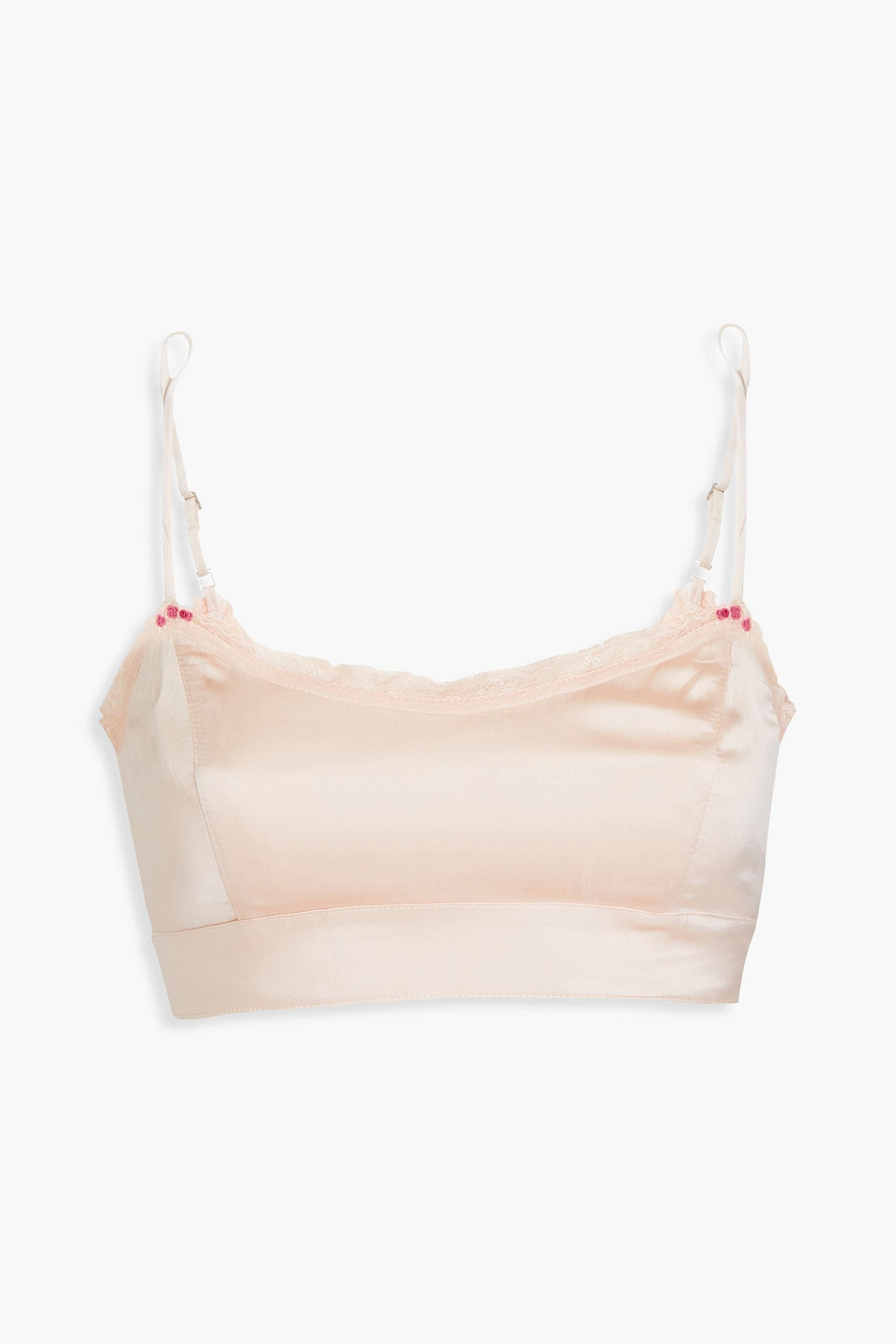 Morgan Lane Embroidered Lace-trimmed Silk-blend Satin Bralette In Pink