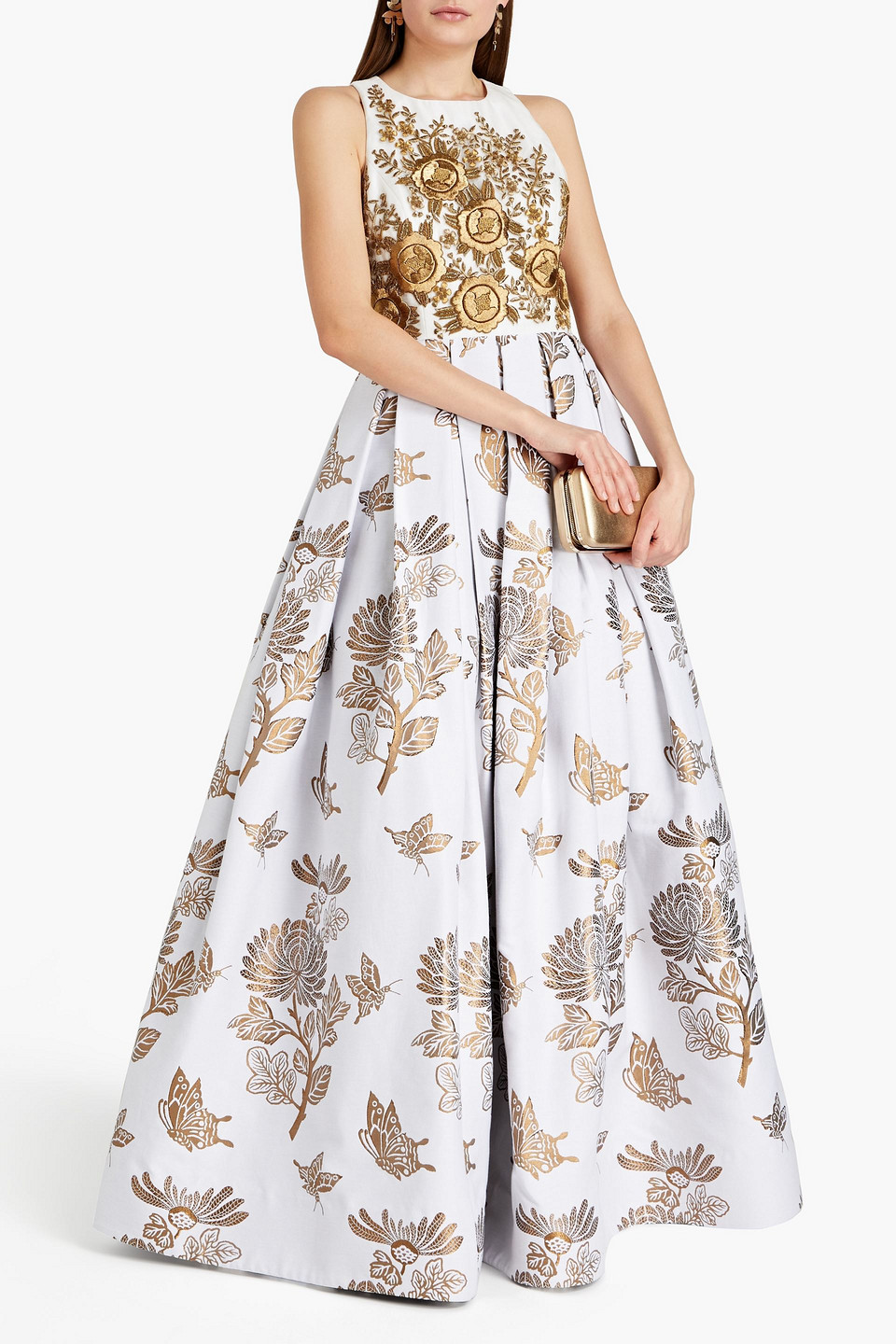 Andrew Gn Embroidered Organza-paneled Pleated Brocade Gown