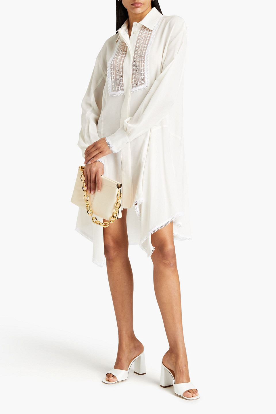 Andrew Gn Embroidered Organza-paneled Silk Crepe De Chine Mini Shirt Dress In Neutrals