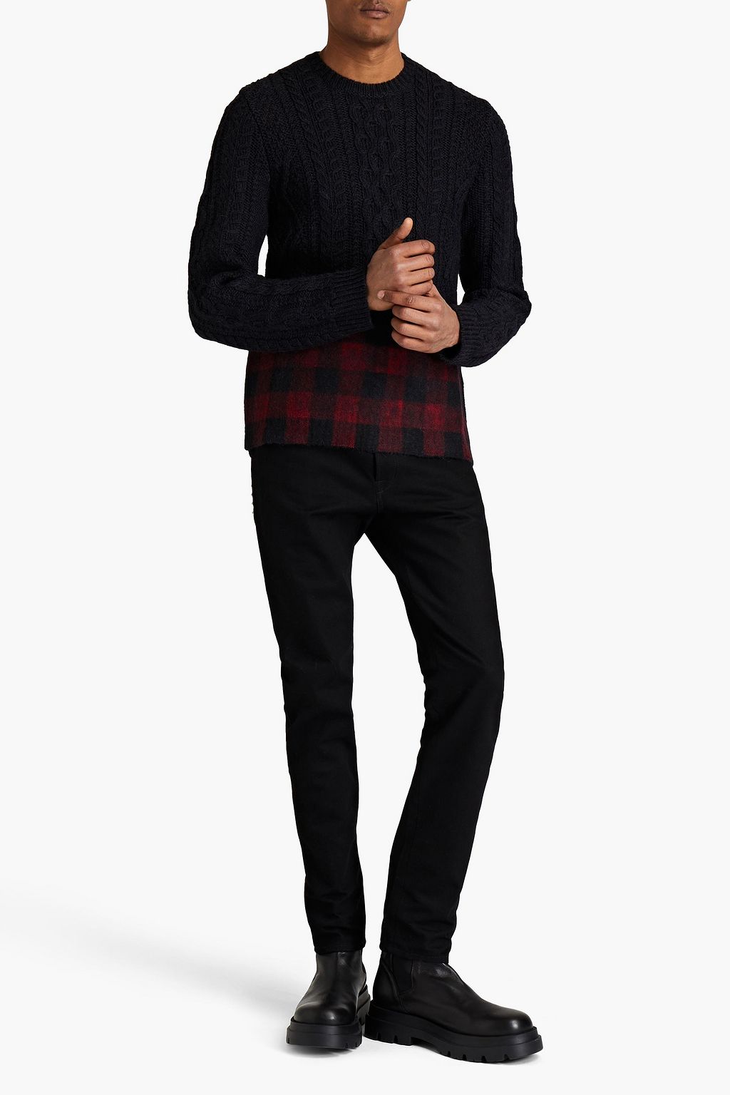 VALENTINO GARAVANI Slim-fit felt-paneled cable-knit wool and alpaca-blend sweater