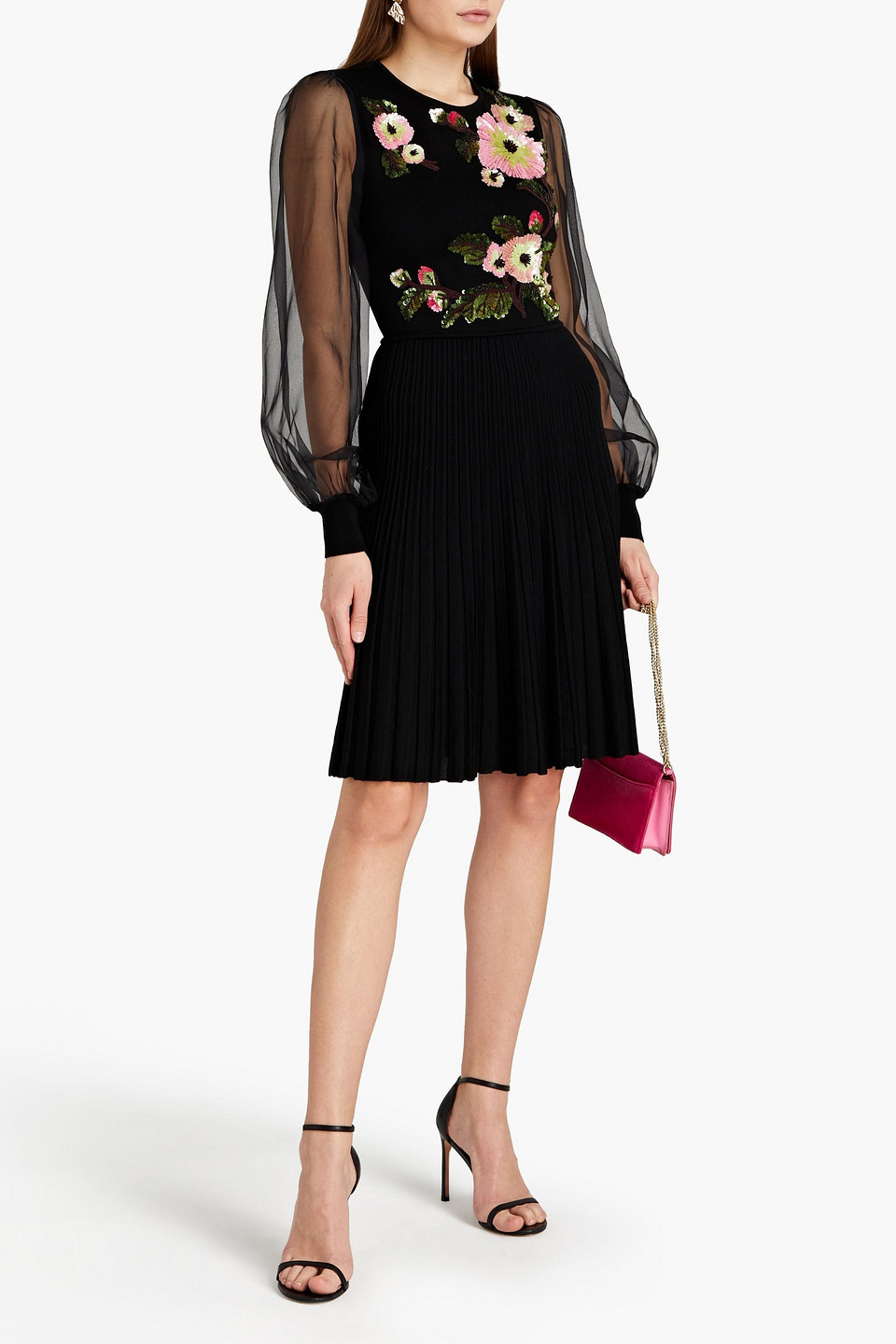 Andrew Gn Organza-paneled Embellished Silk-blend Dress In Black