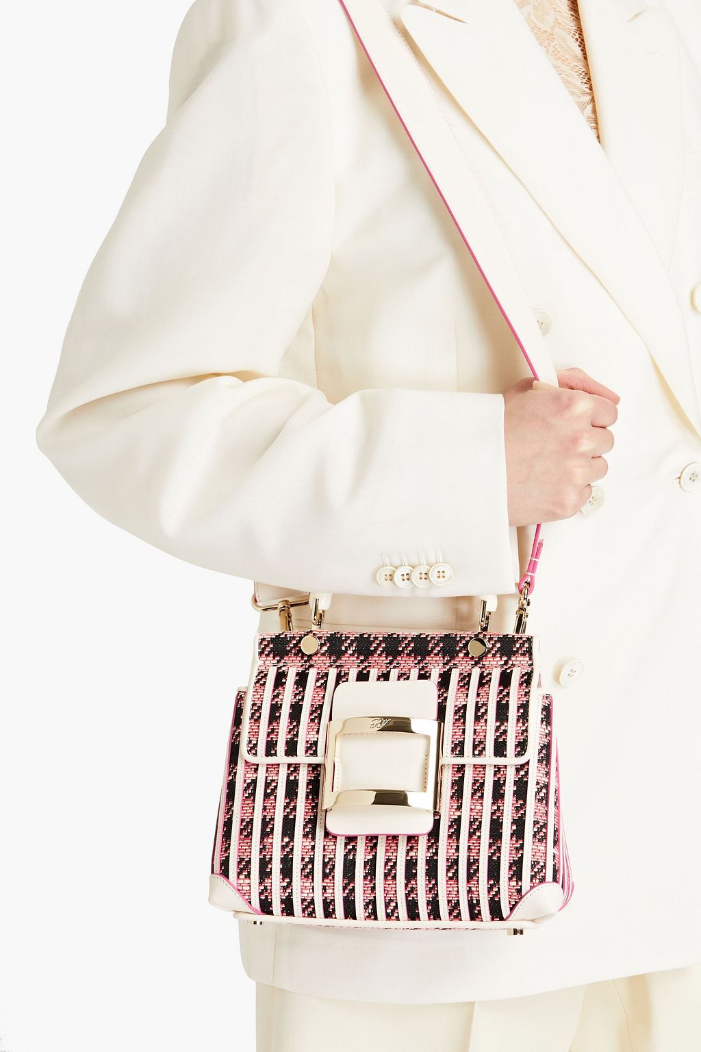 ROGER VIVIER Viv' leather-trimmed houndstooth tweed shoulder bag