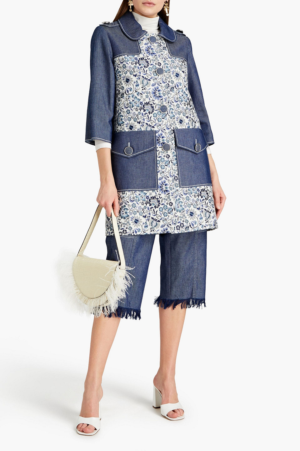 Andrew Gn Denim-paneled Floral-jacquard Coat