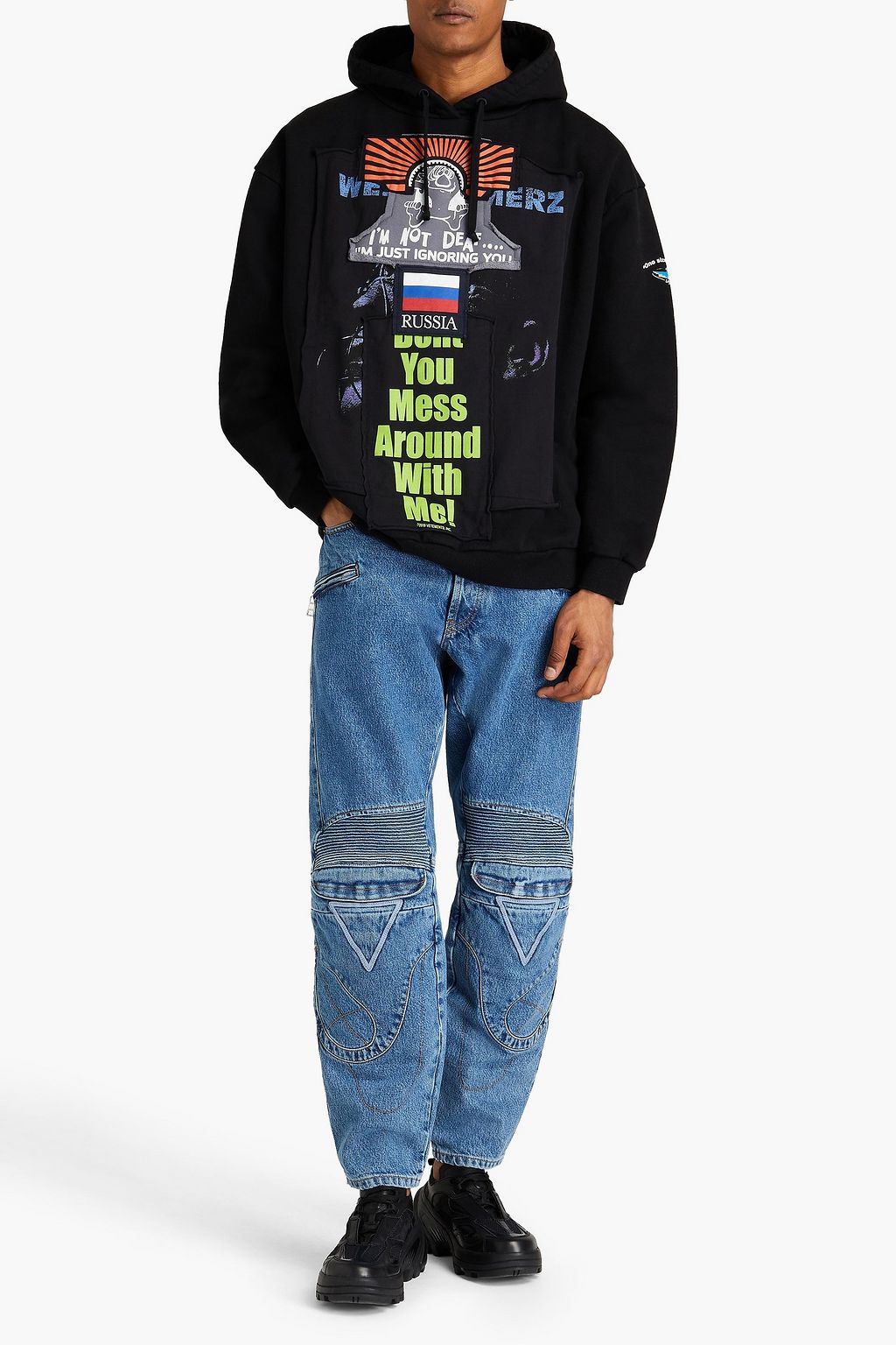 VETEMENTS Patchwork printed French cotton-blend terry and fleece hoodie