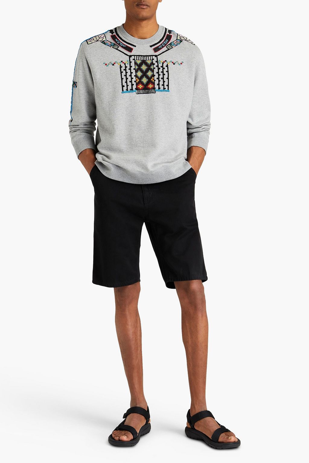 VALENTINO GARAVANI Embellished mélange French cotton-blend terry sweatshirt