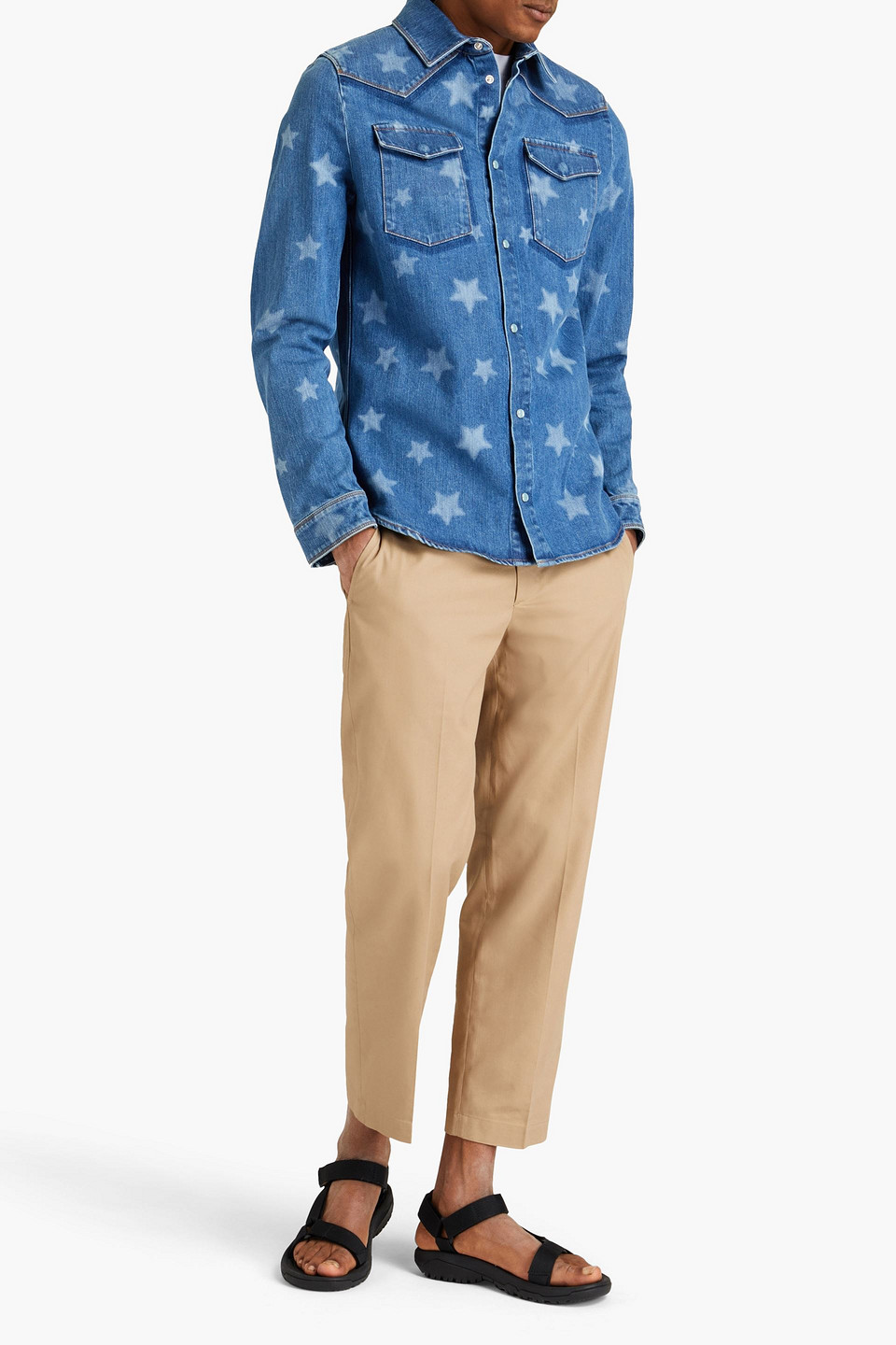 Valentino Man Printed Denim Shirt In Blue