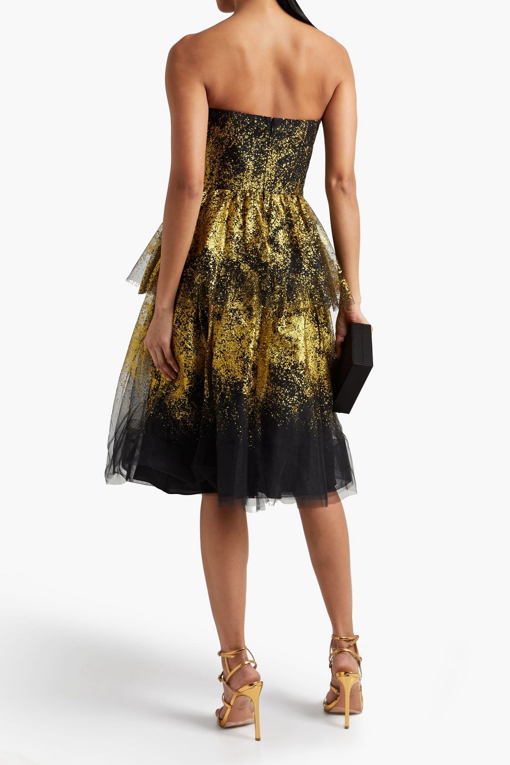 MARCHESA NOTTE Strapless tiered glittered tulle midi dress