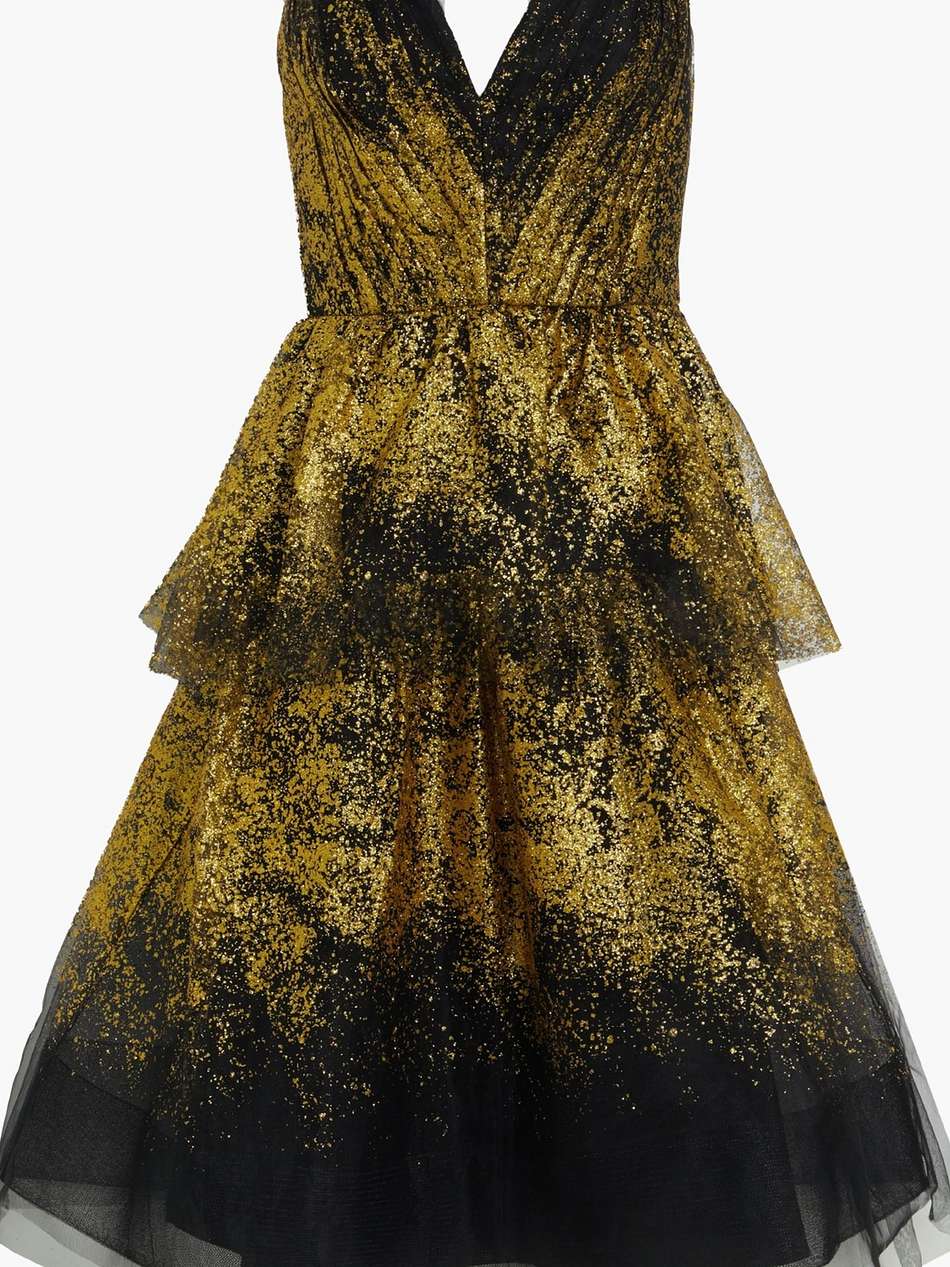 strapless tiered glittered tulle midi dress