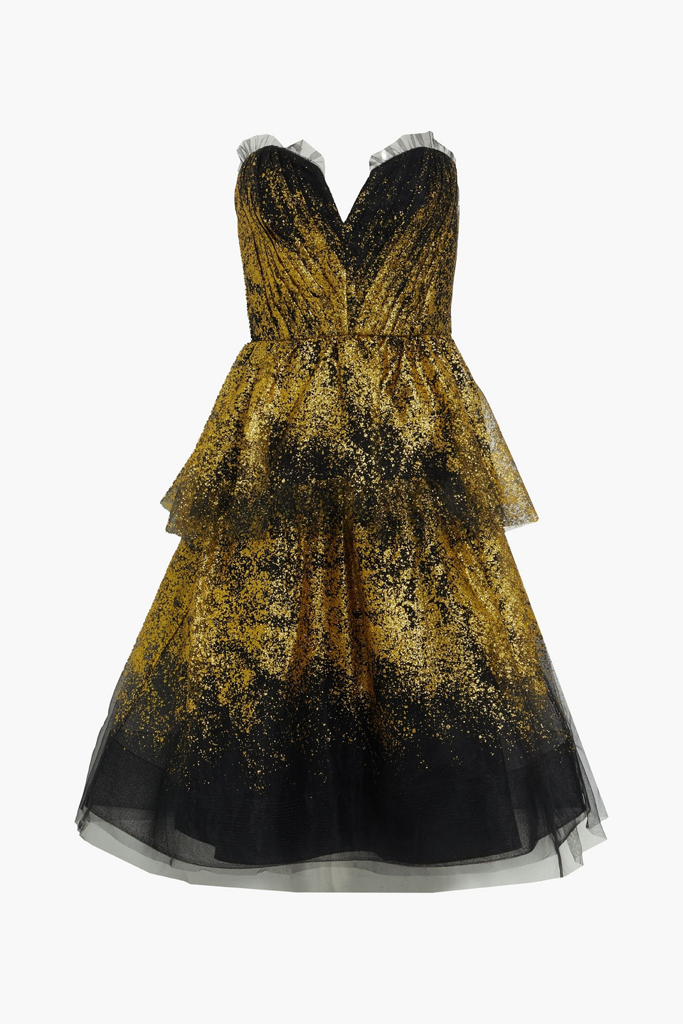 Strapless tiered glittered tulle midi dress
