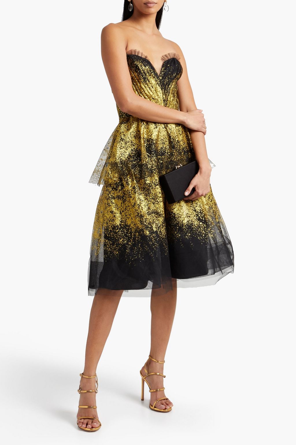 MARCHESA NOTTE Strapless tiered glittered tulle midi dress