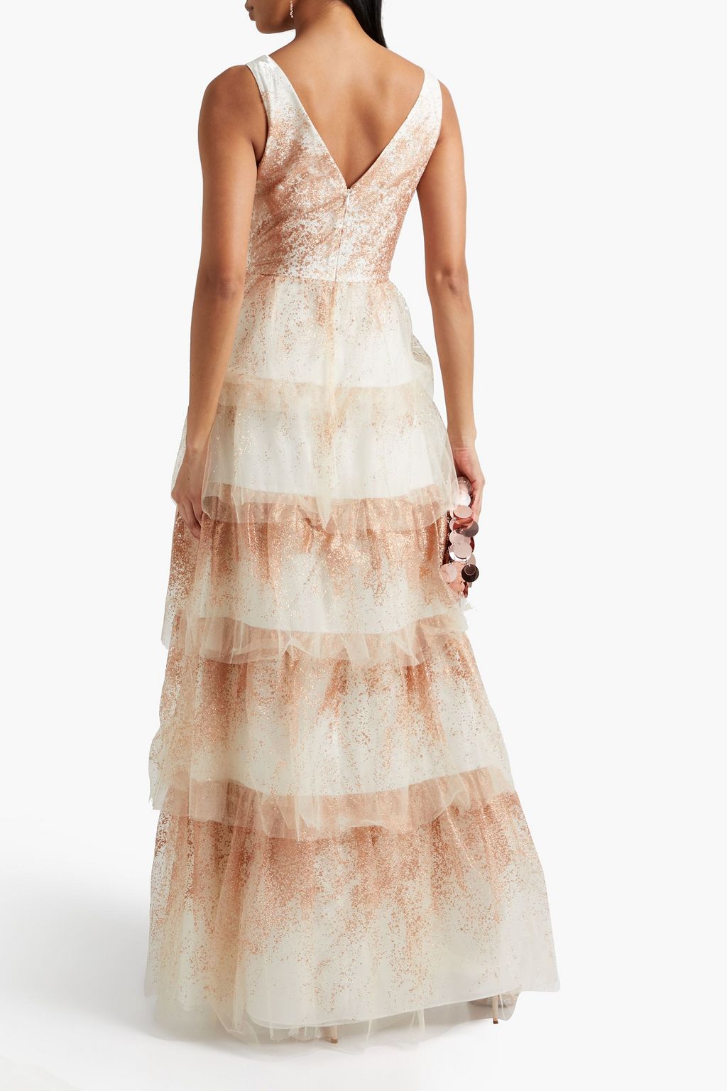 MARCHESA NOTTE Tiered glittered tulle gown
