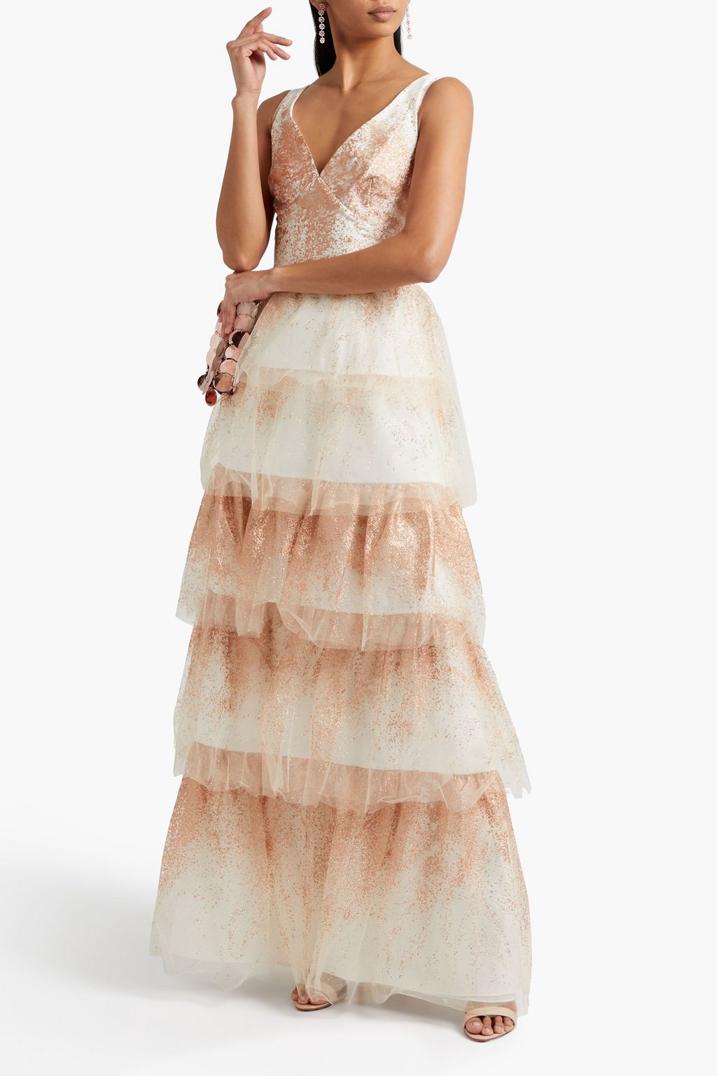 MARCHESA NOTTE Tiered glittered tulle gown