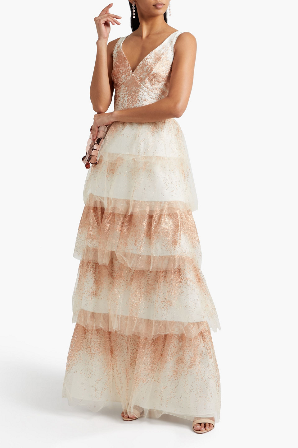 Shop Marchesa Notte Tiered Glittered Tulle Gown In Ivory