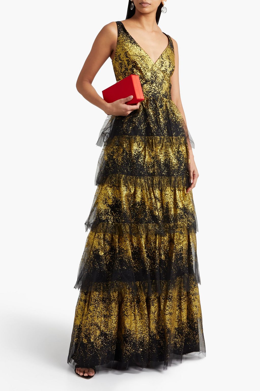 MARCHESA NOTTE Tiered glittered tulle gown