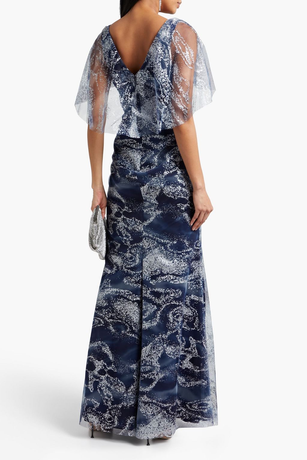 MARCHESA NOTTE Twist-front glittered printed tulle gown