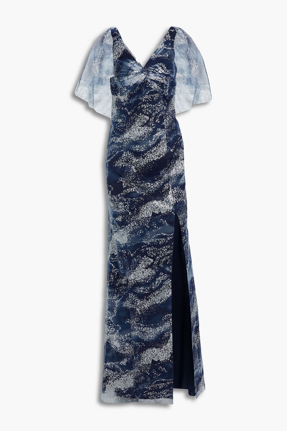 marchesa notte - twist-front glittered printed tulle gown - blue - us 4