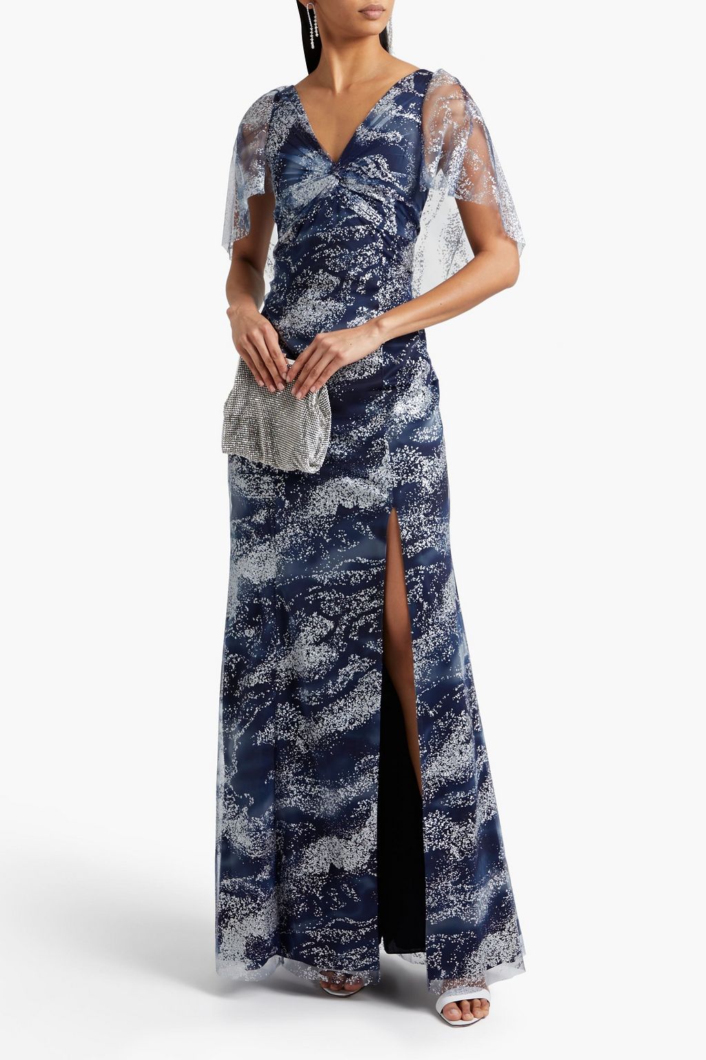 MARCHESA NOTTE Twist-front glittered printed tulle gown