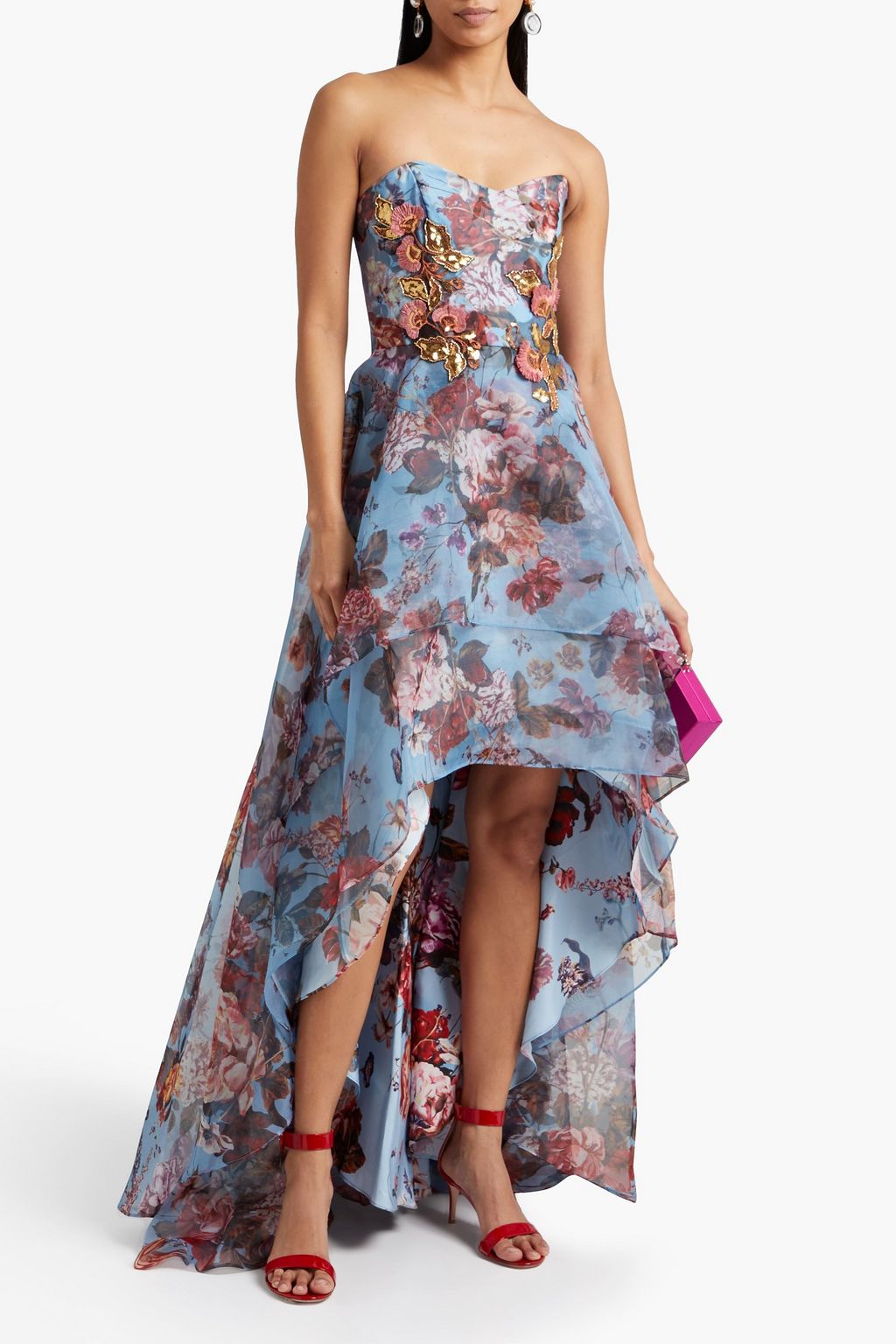 MARCHESA NOTTE Strapless embellished floral-print organza gown