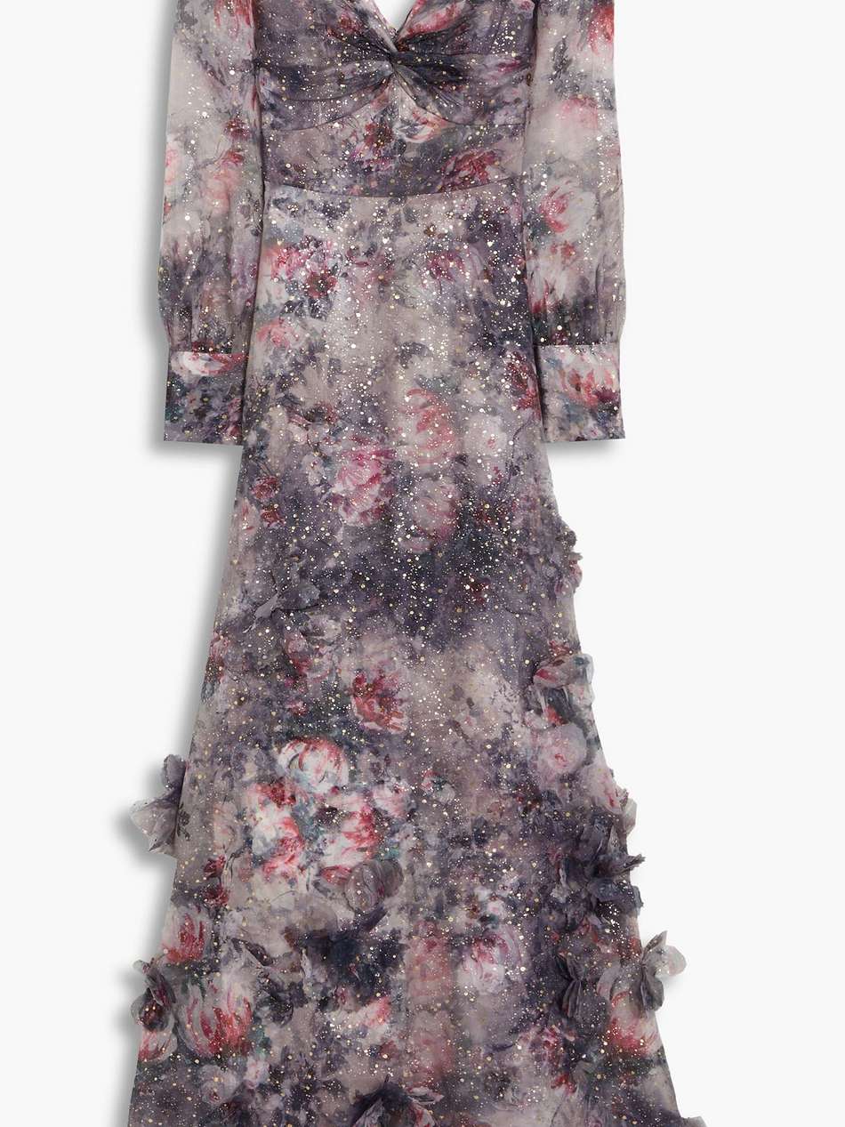 twisted floral-appliquéd printed organza gown