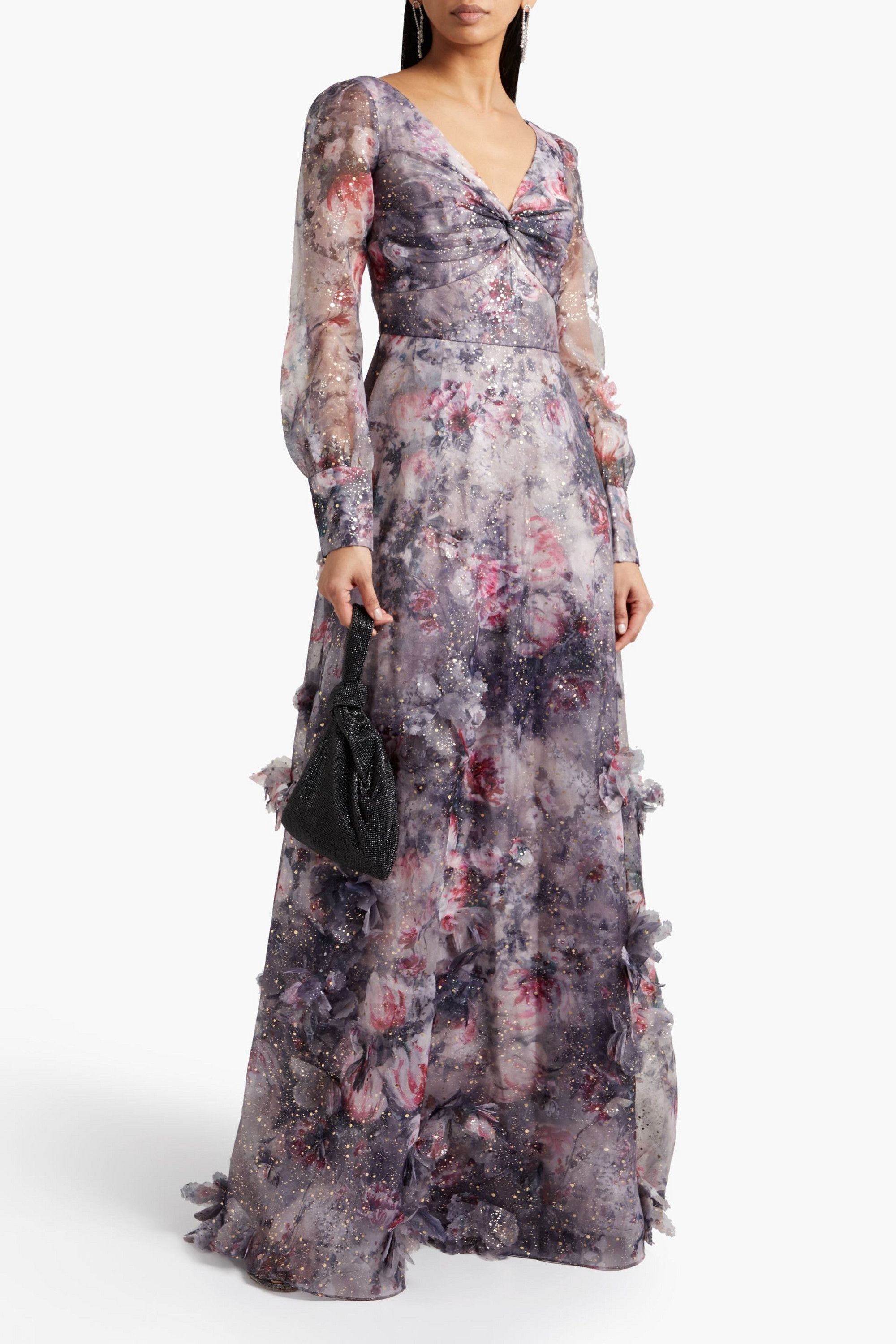 MARCHESA NOTTE Twisted floral-appliquéd printed organza gown