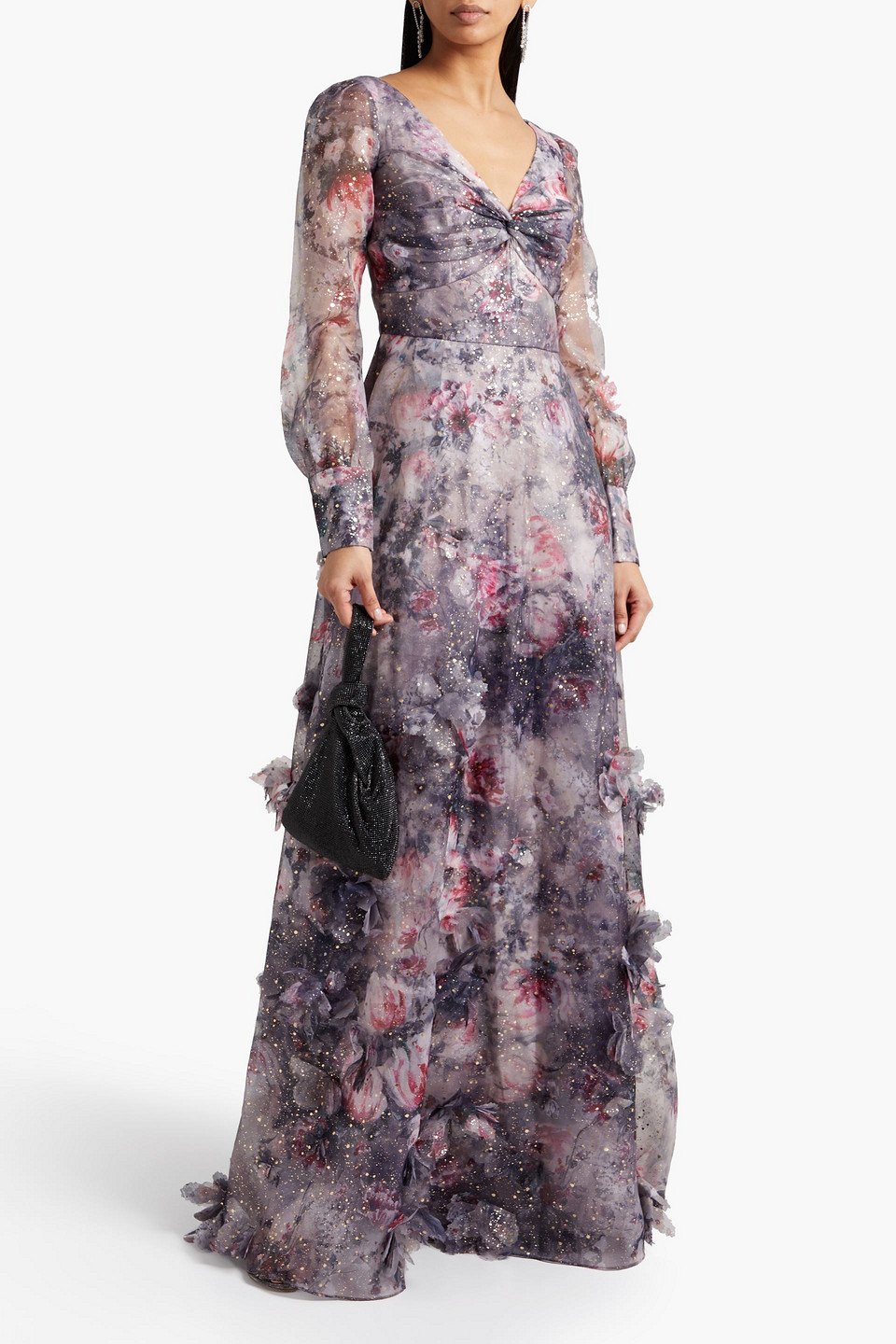 Marchesa Notte Bedruckte Dressing Gown Aus Organza Mit Floralen Applikationen Und Twist-detail In Lilac