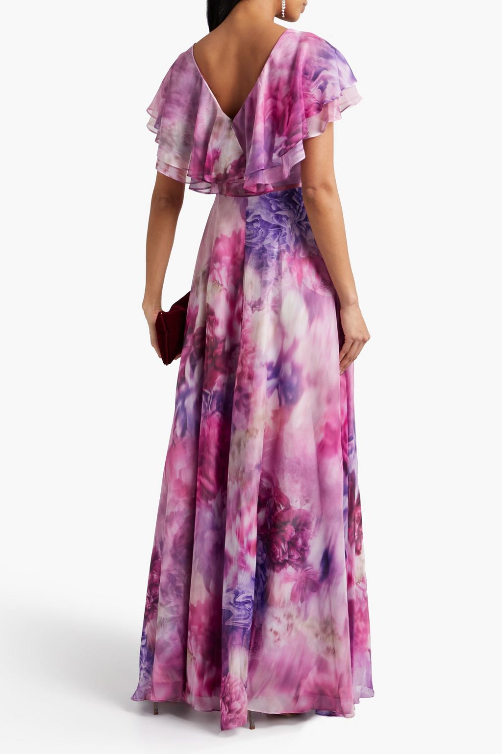 MARCHESA NOTTE Ruffled bow-embellished floral-print chiffon gown
