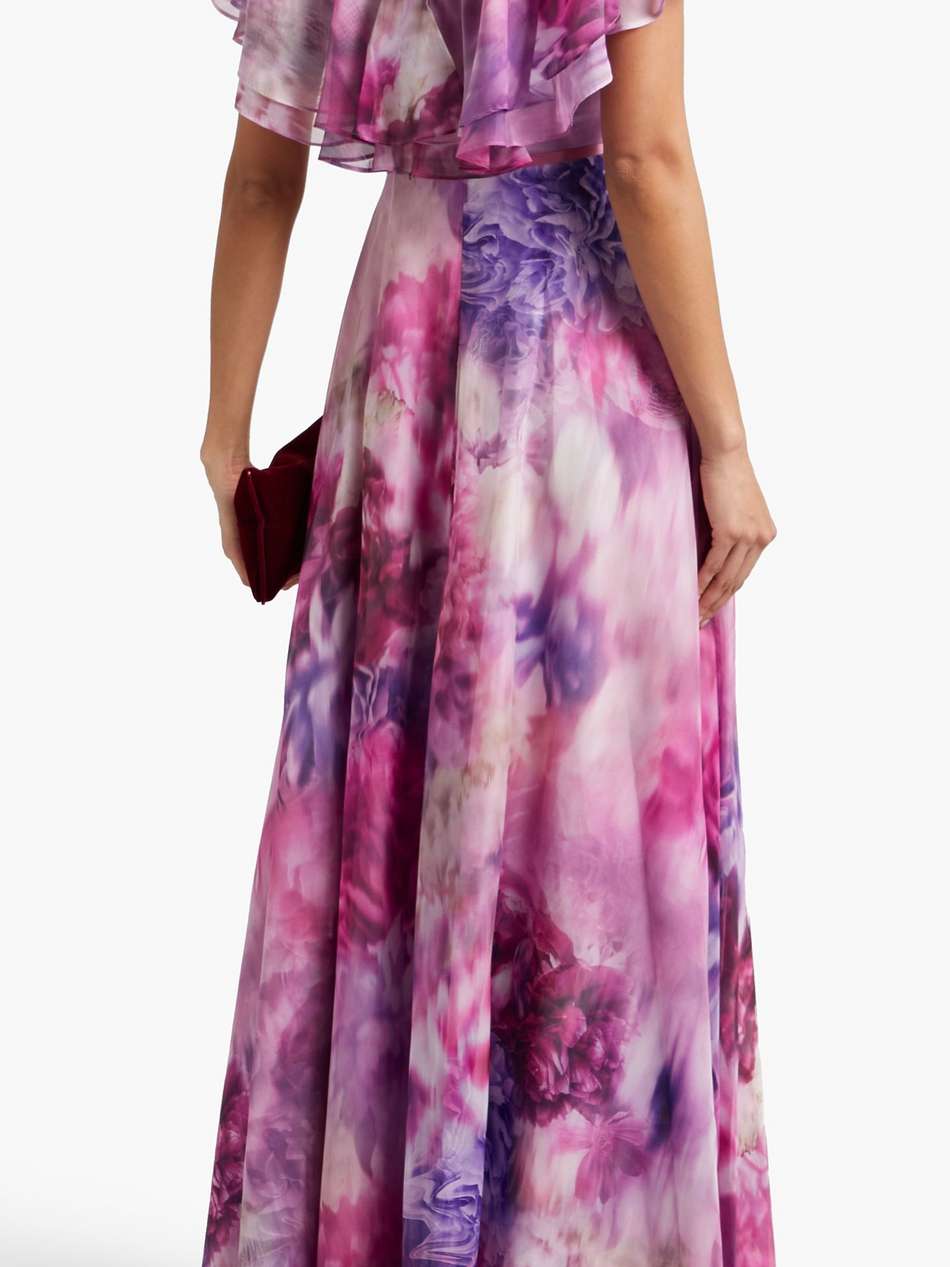 ruffled bow-embellished floral-print chiffon gown