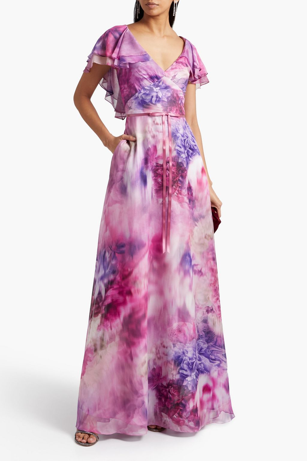 MARCHESA NOTTE Ruffled bow-embellished floral-print chiffon gown