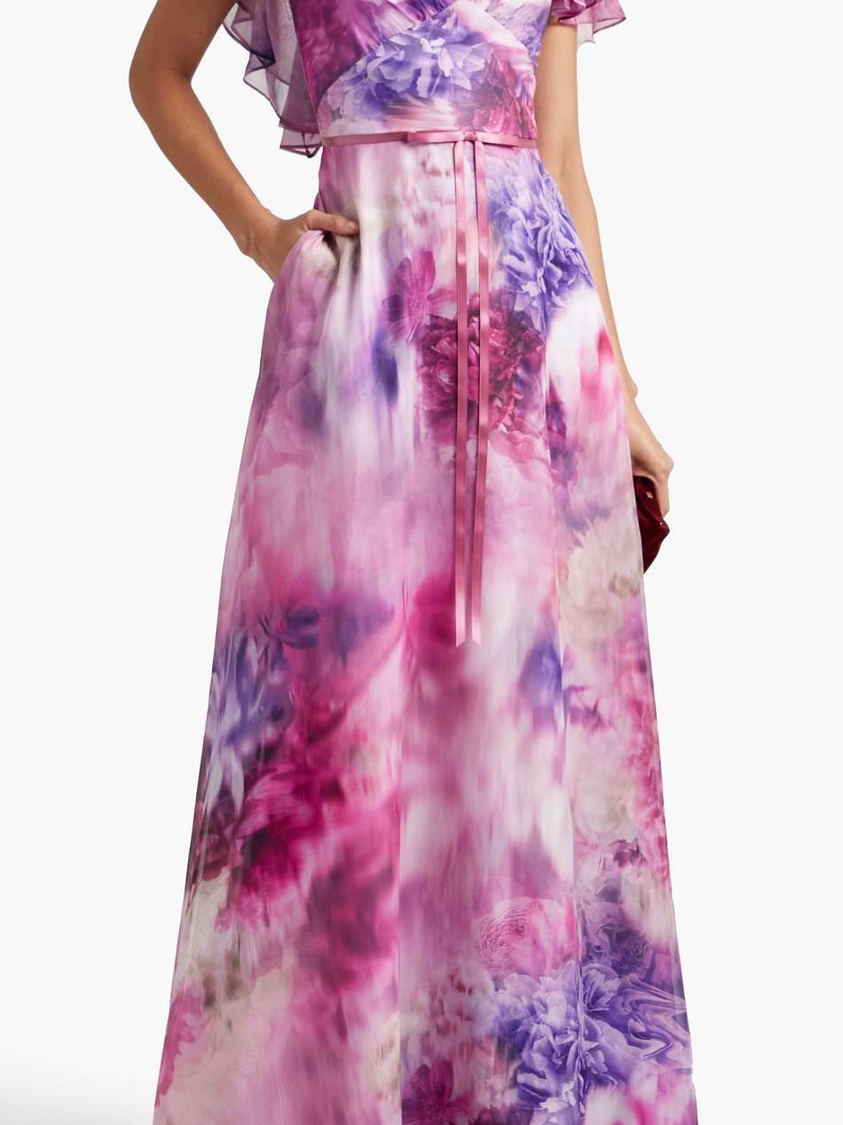 ruffled bow-embellished floral-print chiffon gown
