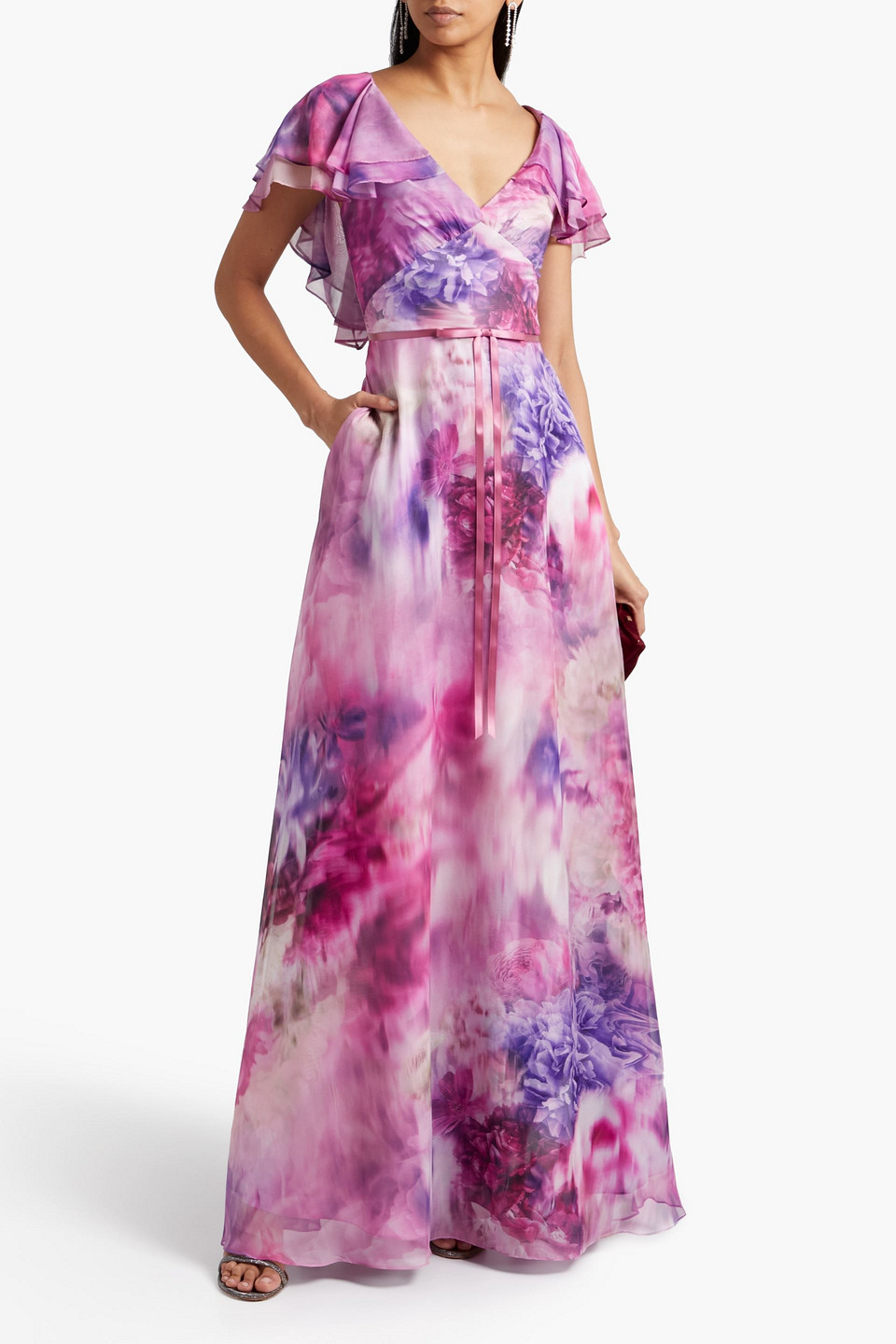 Shop Marchesa Notte Ruffled Bow-embellished Floral-print Chiffon Gown In Lavender