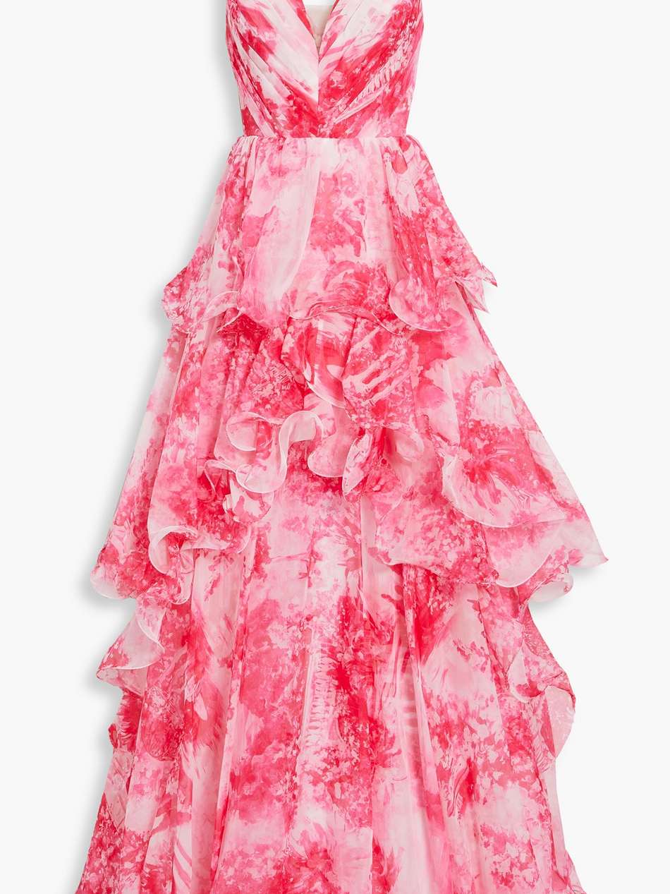 tiered printed chiffon gown
