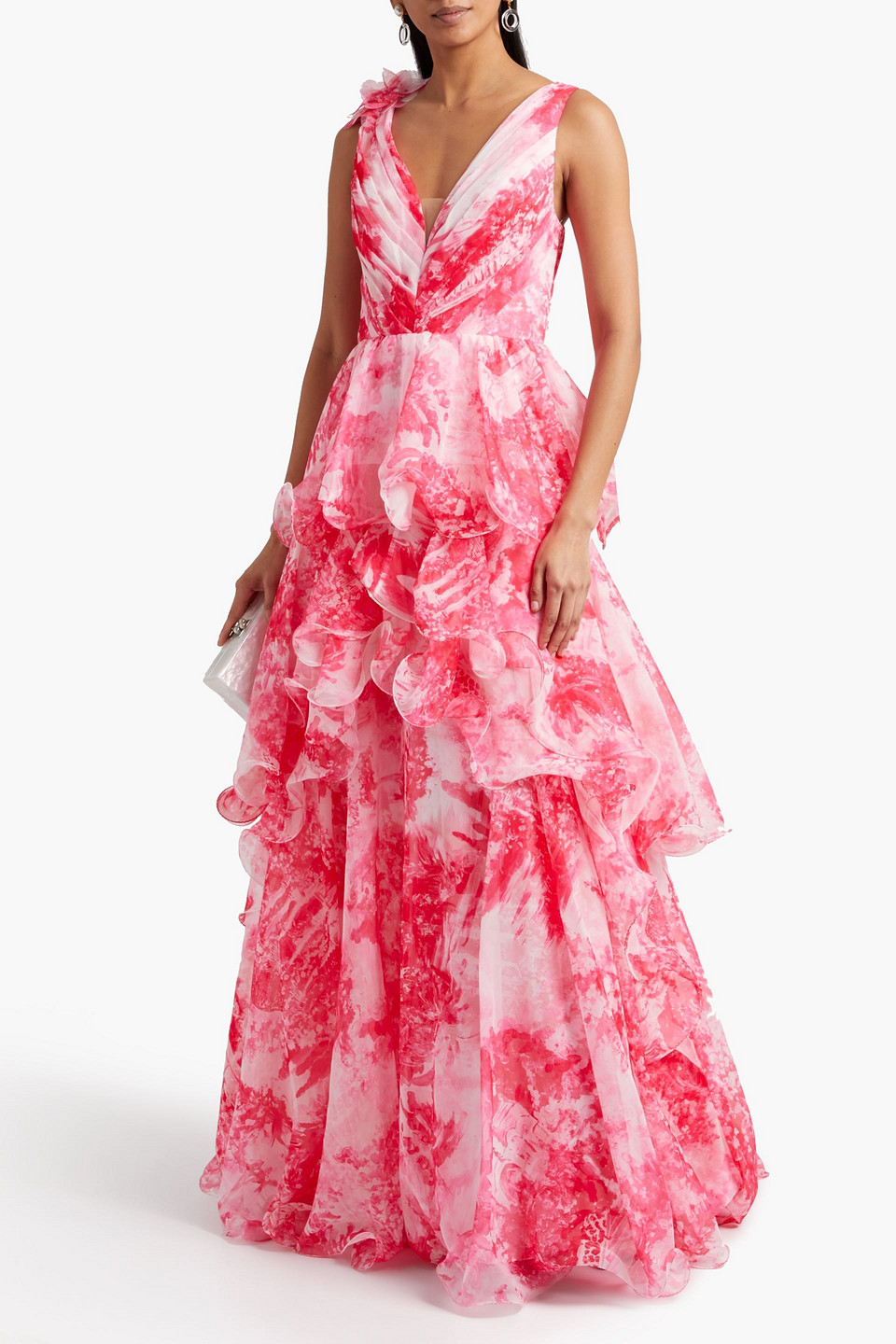 MARCHESA NOTTE TIERED PRINTED CHIFFON GOWN 3074457345629843147